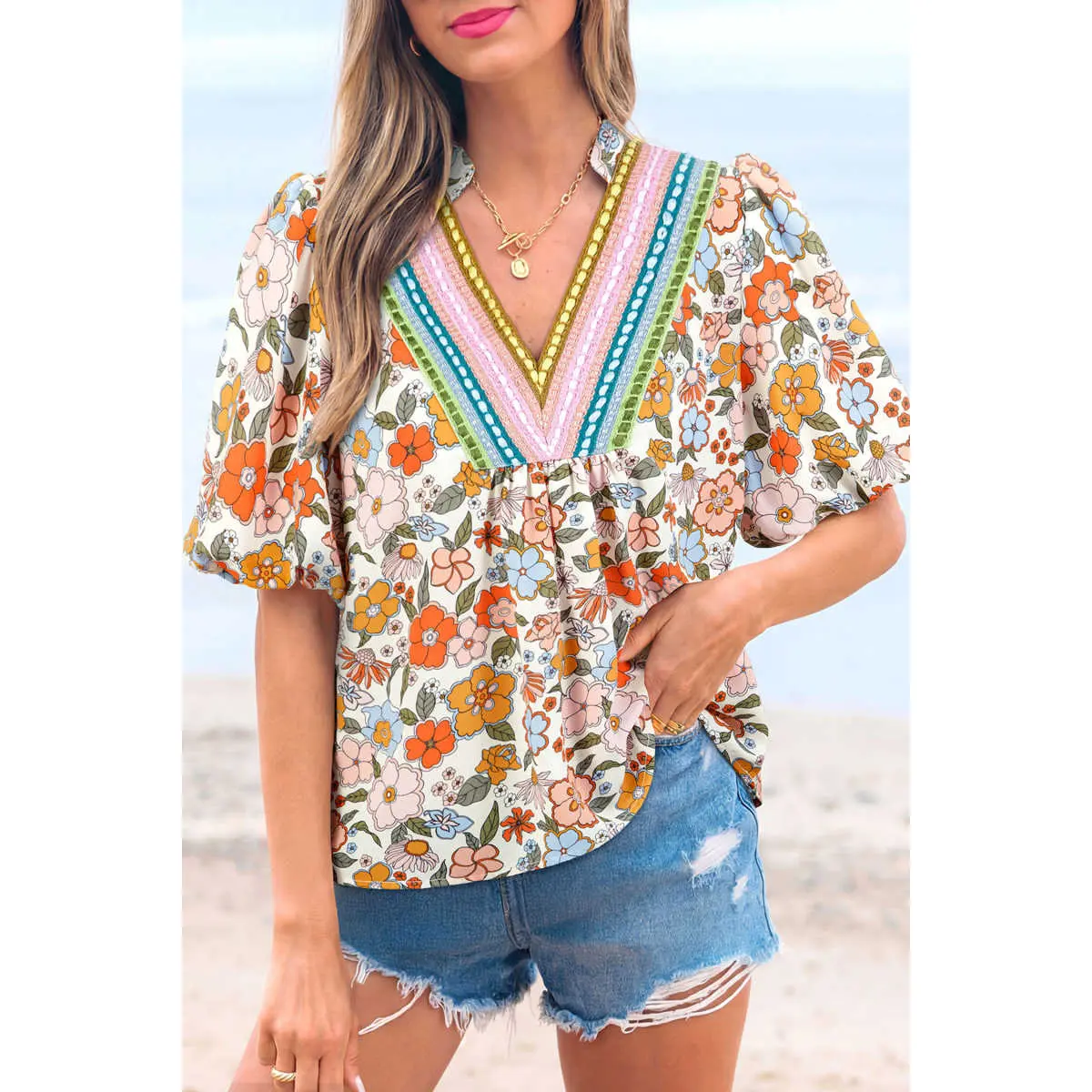 Women's Gorgeous Colorful Bohemian Crochet V-Neck Puff Sleeve Flower Blouse, Stylish Shirts to Pair with Jeans