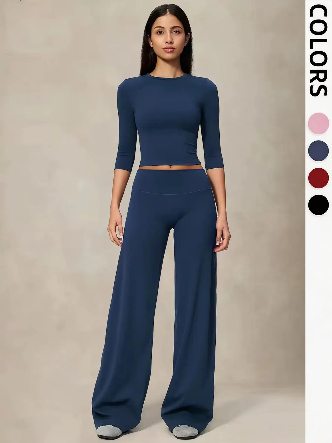 Women's 2-Piece Sport Set, Fitted Mid- Sleeves T-Shirt & Straight Leg Pants, High Stretch Quick-Dry, Ideal for Gym & Daily Wear, All Seasons