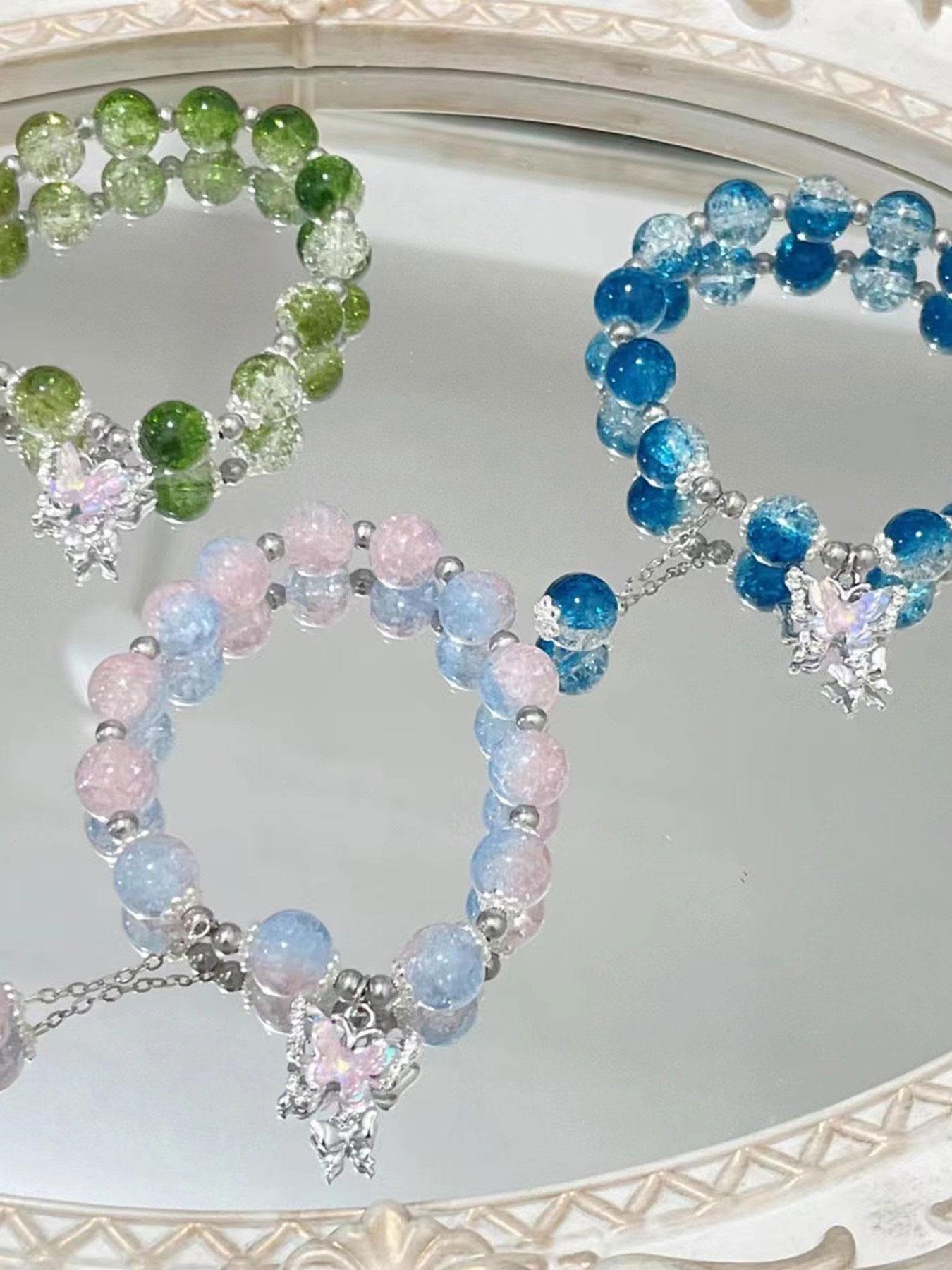 Vintage Craft Stone Butterfly Charm Beaded Bracelet, Sweet Fashion Accessories for Women & Girls, Trendy All-match Accessories, Creative Holiday Gifts