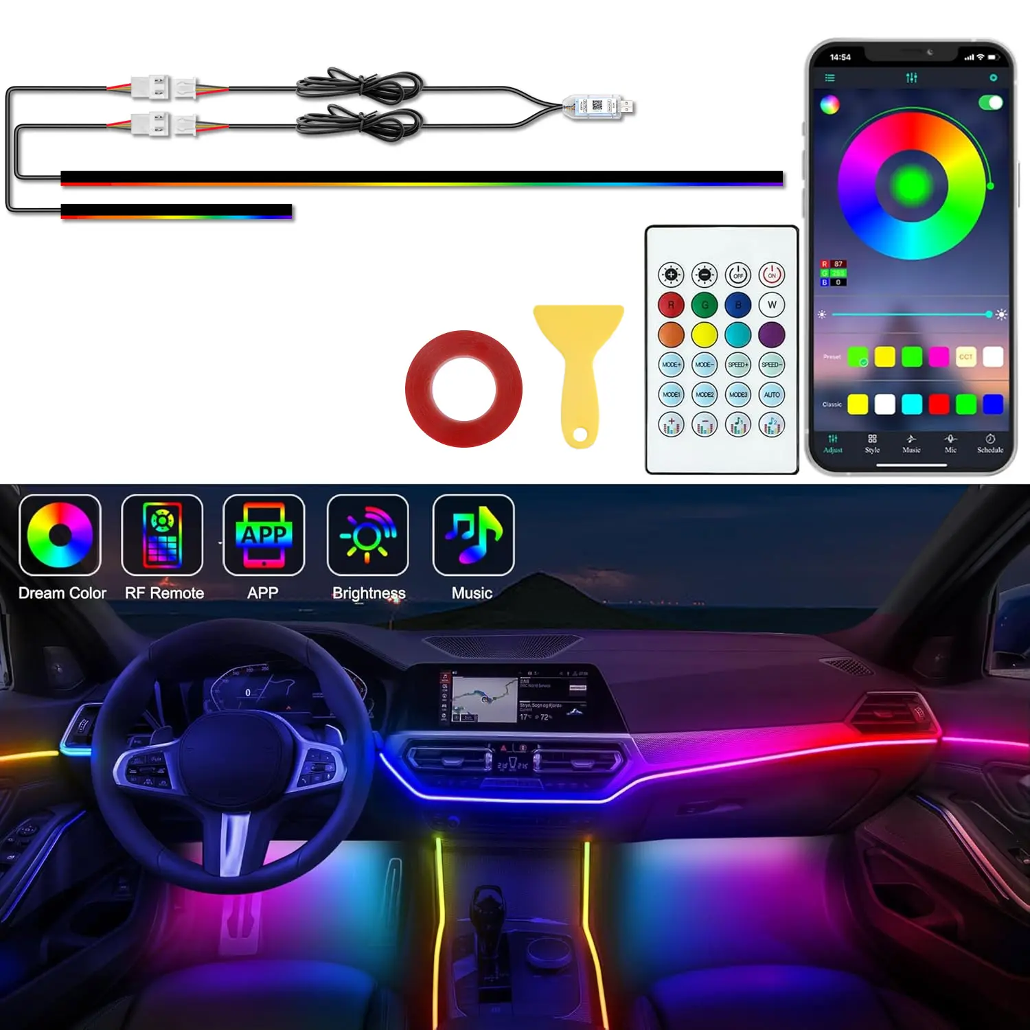 USB RGB Dream Color Car Interior Ambient Light Strip, 110cm+35cm 2-in-1 Hidden LED Neon Light, Bluetooth APP & Remote Control, Music Sync Gradient Atmosphere Lamp, Flexible Acrylic Light, Easy Install Car Decor for Sedan SUV Truck Night Driving