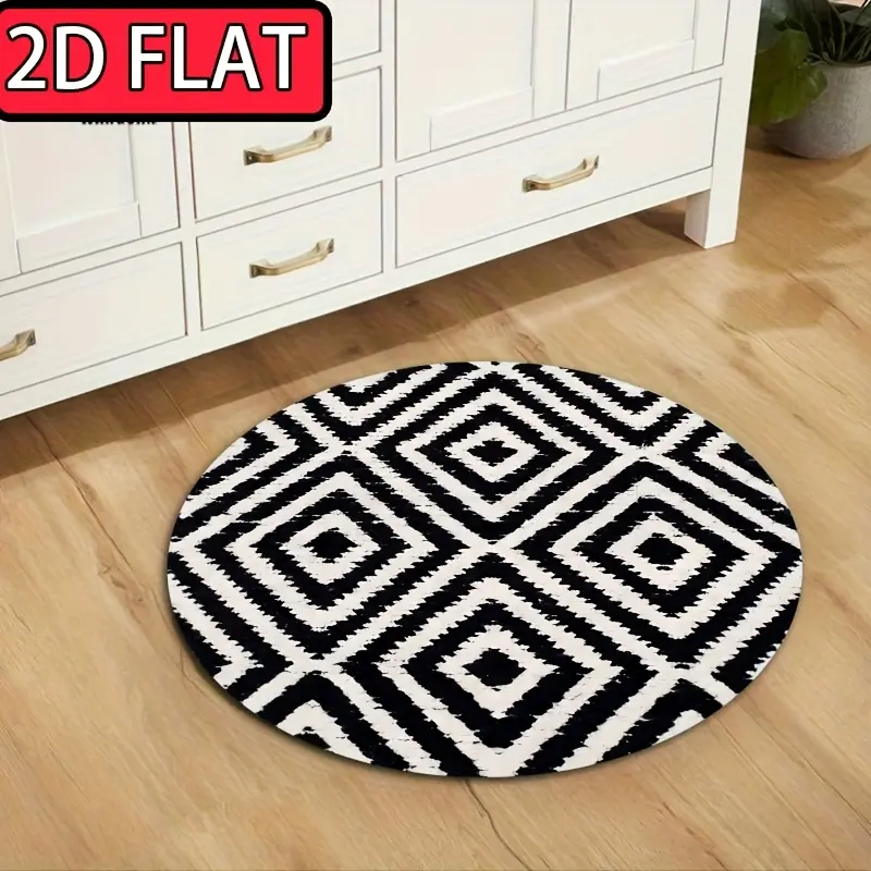 2D Flat Printed Flannel, Round Area Mat, Black and White Geometric Pattern, Stylish and Dynamic, Home Decor Mat, Living Room Mat, Sofa Mat, Bedroom Mat, Bedside Mat, Outdoor Rugs, Suitable for Multiple, 2D Flat