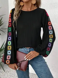 Women's Ethnic Style Embroidered Lantern Sleeve Top, Autumn Winter Loose Round Neck Long Sleeve, Colorful Patchwork Design