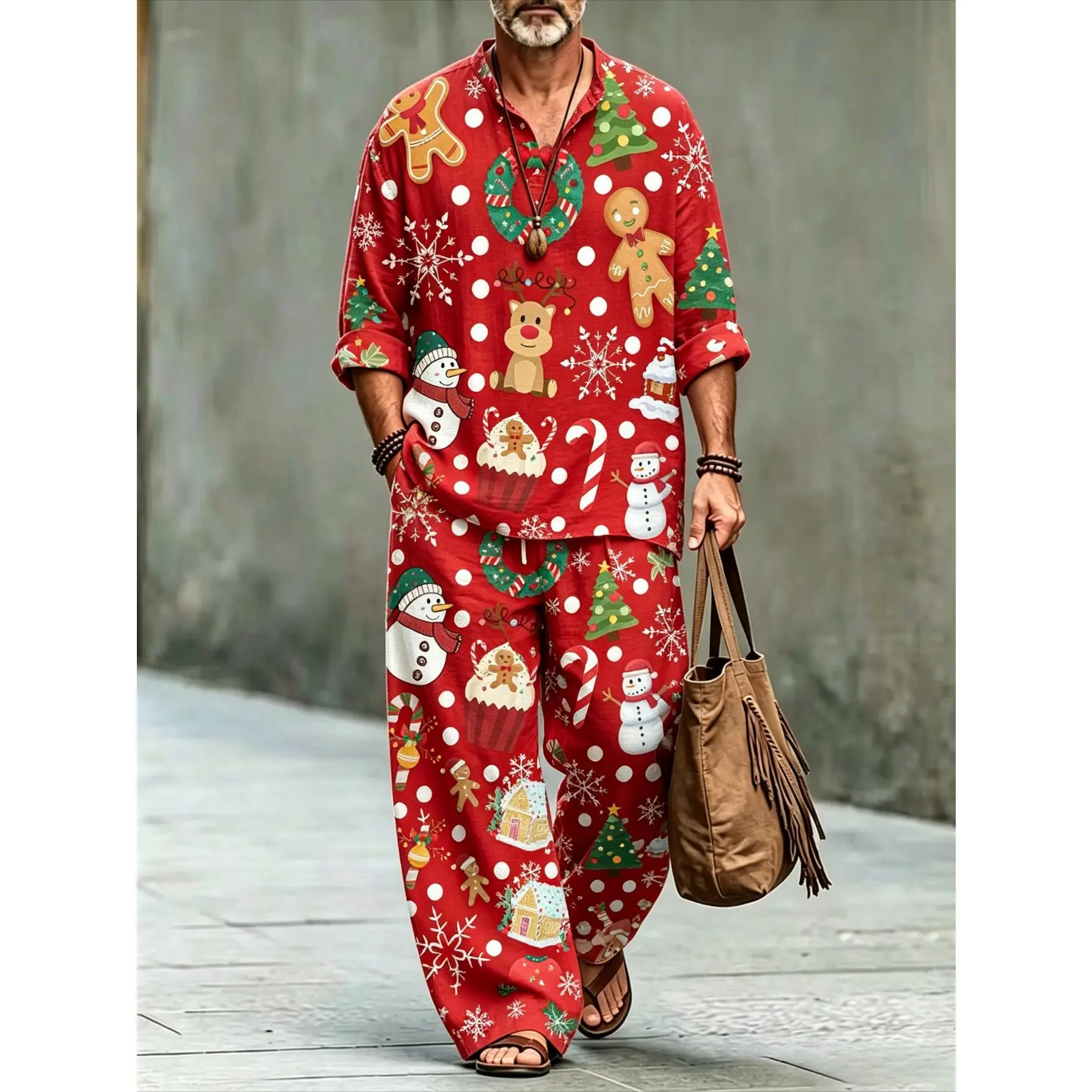 Men's Christmas All-Over Print 2-Piece Set - Stand-Collar Long-Sleeve Shirt, Drawstring Wide-Leg Pants, Red Snowman & Gingerbread Man Vacation Outfit