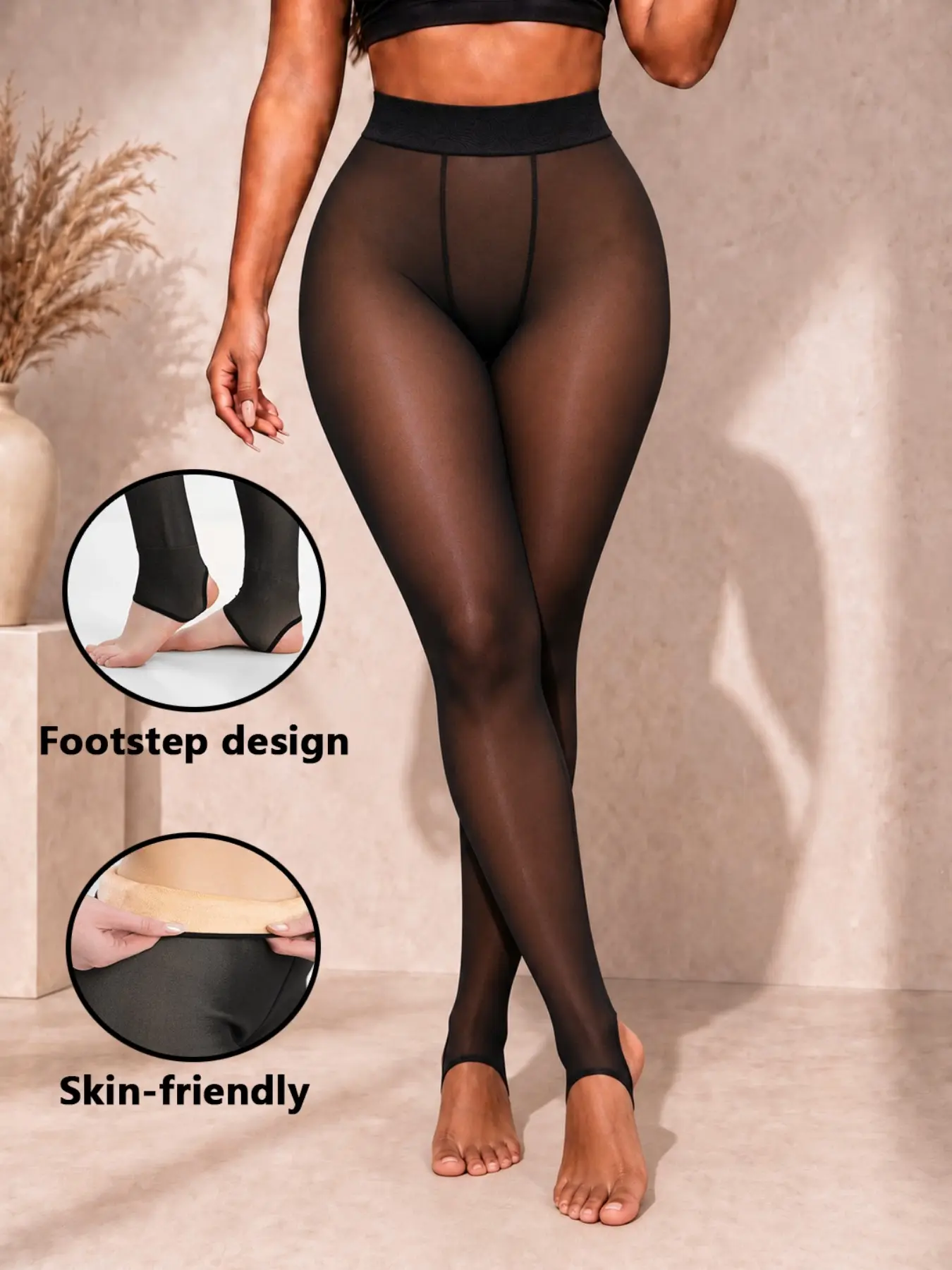 200g Fake Translucent Fleece Lined Tights, Sheer Illusion Stirrup Pantyhose, Winter Warm Leggings for Women, Underwear, 1 Pair
