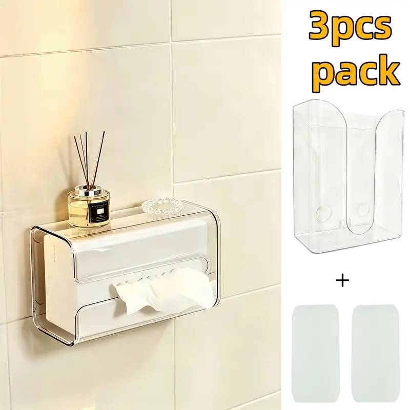 3Pcs Set (1 Tissue Box +2 Adhesive Backing Tapes), Upgraded Thickened Modern No-Drill Wall-Mounted Acrylic Tissue Box with Trace-Free Stickers, Transparent Style, Tissue Storage Organizer for Kitchen, Bathroom and Bedroom