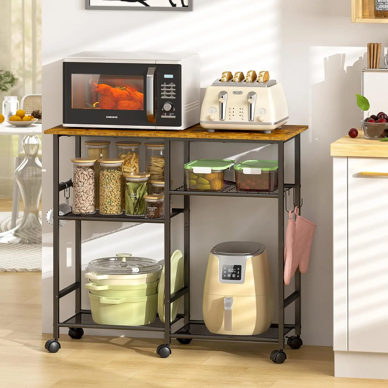 Rolling Kitchen Microwave Cart, 3-Tier Microwave Stand with Adjustable Shelf, Kitchen Storage Cart  Lockable Wheels, Coffee Bar  Rack Organizer Shelf for Living Room, Office, Balcony