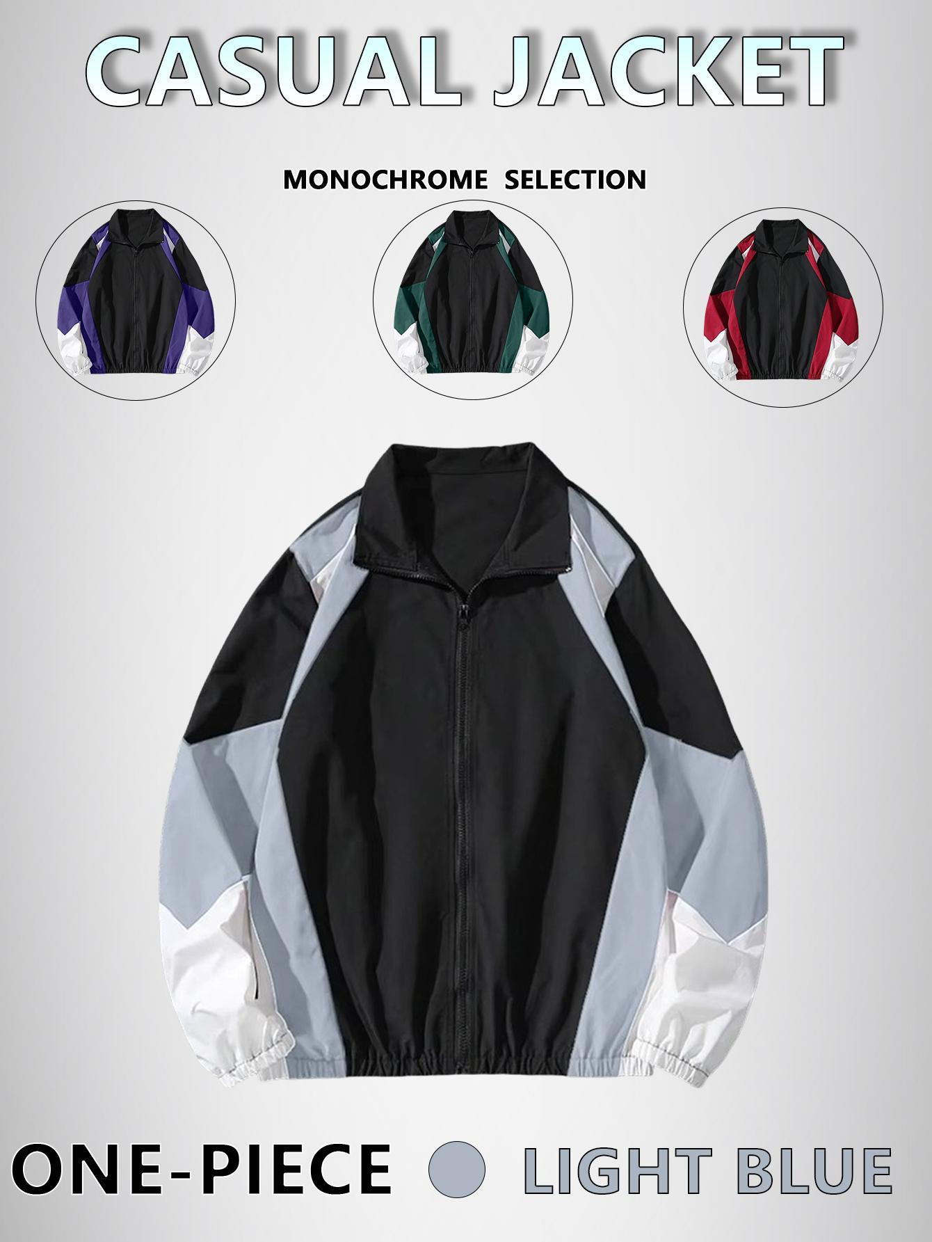 Men's Splicing Color Zip Jacket Regular Fit Casual Long Sleeve Polyester Coats Tops with Zipper for Fall Winter Daily Wear fall,outfits Menswear fits  streetwear