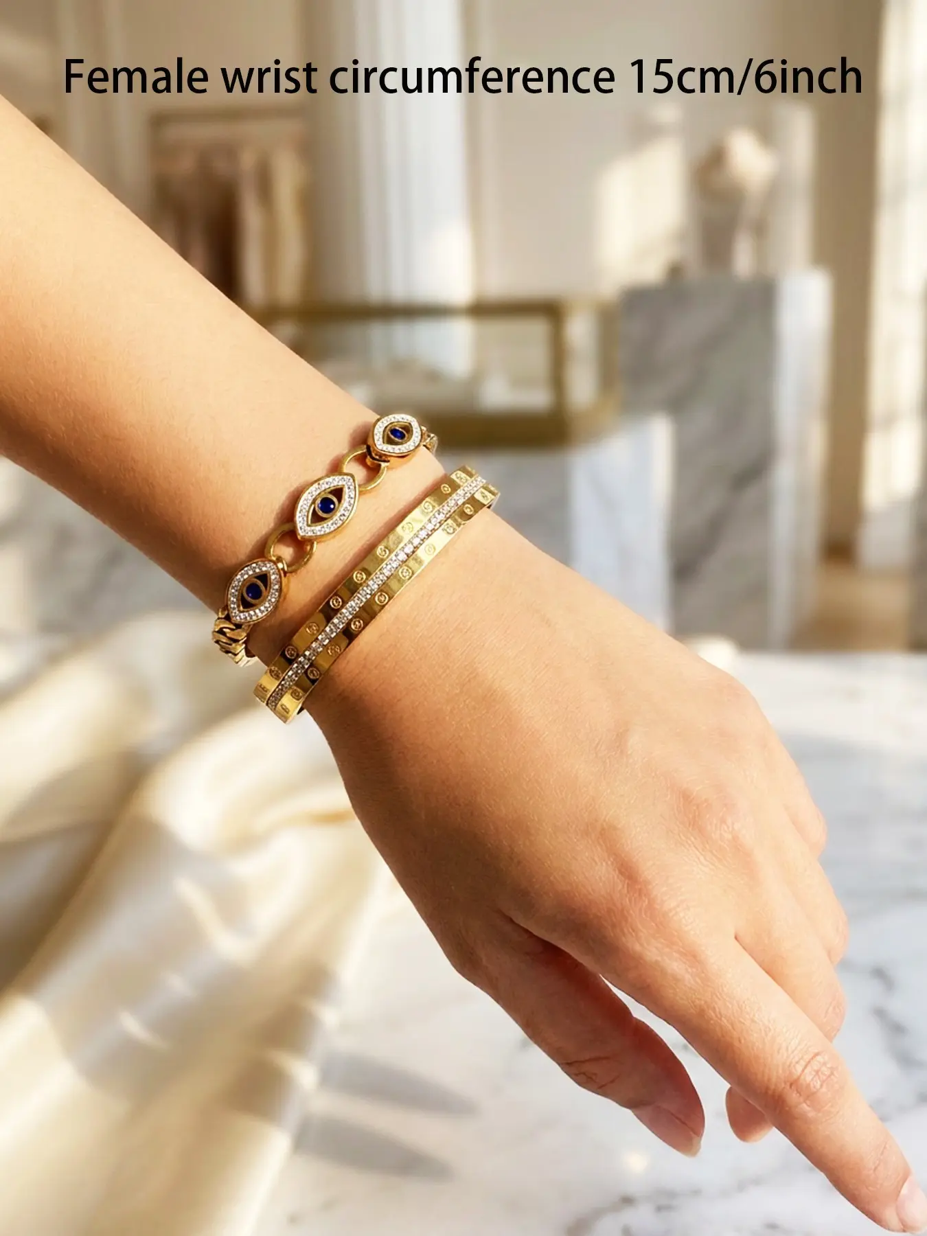 2Pcs 18K Gold Plated Evil Eye Bracelet Set, Blue Crystal Inlaid Lucky Protection Amulet Stackable Bangles, Waterproof Non Tarnish Titanium Steel Spiritual Jewelry Gift For Women Luxury Turkish Evil Eye Layered Gold Bracelets, Good Luck & Negative Energy P