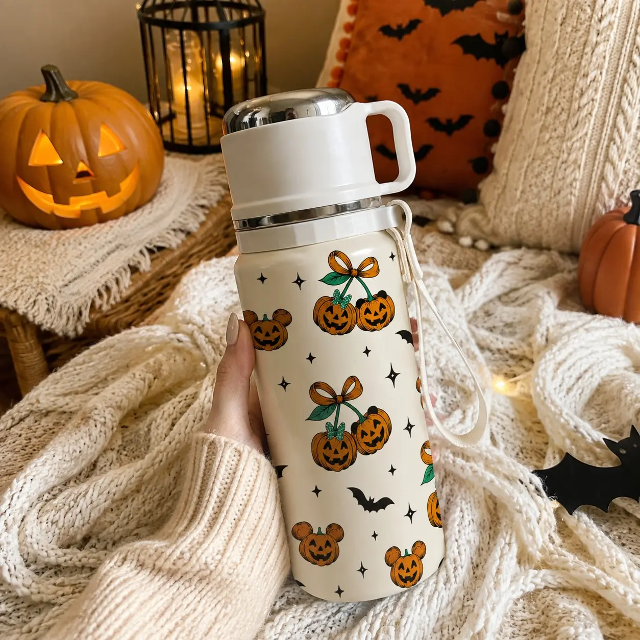 1PC 20oz Halloween Insulated Water Bottle, Cute Pumpkin Bat Pattern Stainless Steel Vacuum Flask, Leak Proof Travel Tumbler with Handle Strap, Double Wall Reusable Coffee Cup, Keeps Cold & Hot, Portable Drink Bottle for School, Office, Fall Party Gift