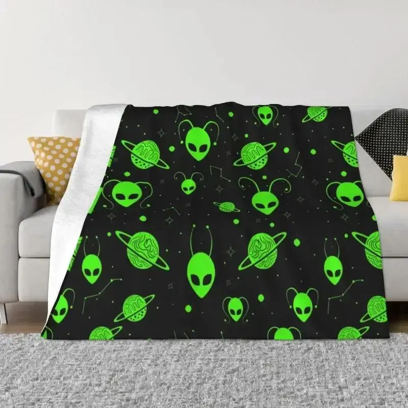 Green Alien Universe Cosmos Microfiber Poly Flannel Throw Blanket - Wrinkle Resistant, All Seasons Bedding for Couch, Room Decor, House Decor, Watch Party, DIY Look - Available in 40in*30in (Very Small), 60in*50in, 80in*60in Sizes