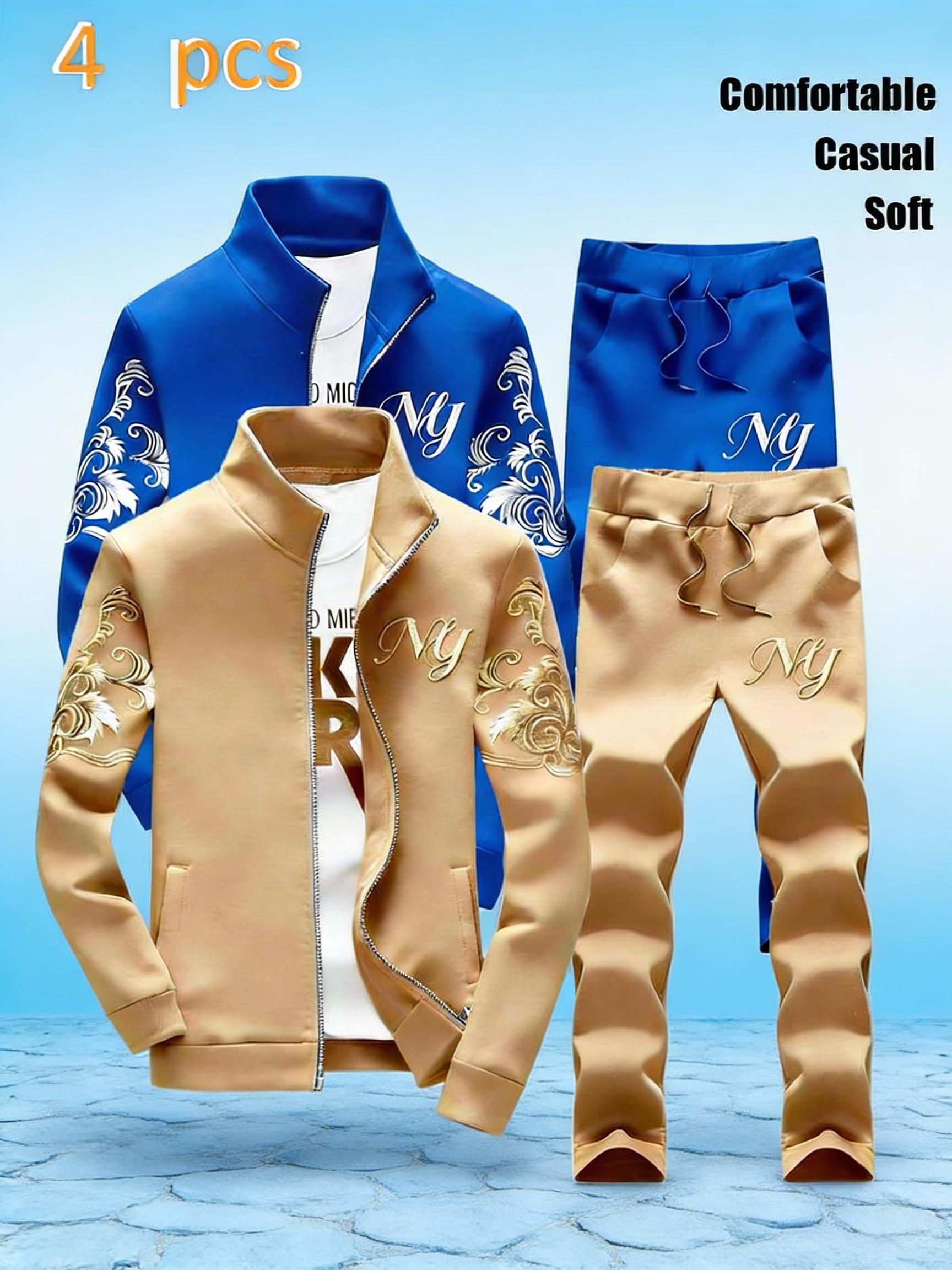 Men's Stand-Collar Zipper Tracksuit - Stylish NY Embroidered Pattern, 4-Piece Casual Sports Set