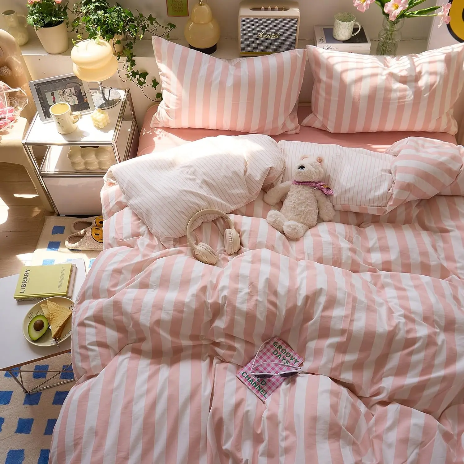 Pink Striped Duvet Cover Queen Soft Washed Microfiber Pink White Vertical Striped Bedding Set with 2 Pillowcases Farmhouse Geometric Pattern Duvet Cover with Zipper Closure