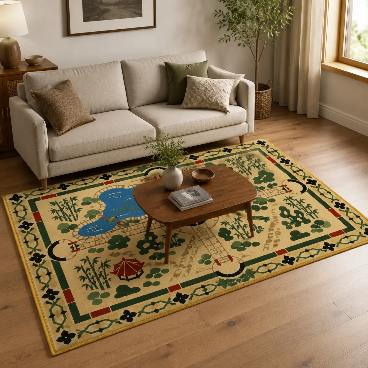 Chinese Garden Pattern Rug Plush Faux Wool High-Definition Print Double Locked Edge Machine Washable Non-Slip Living Room Bedroom Rug