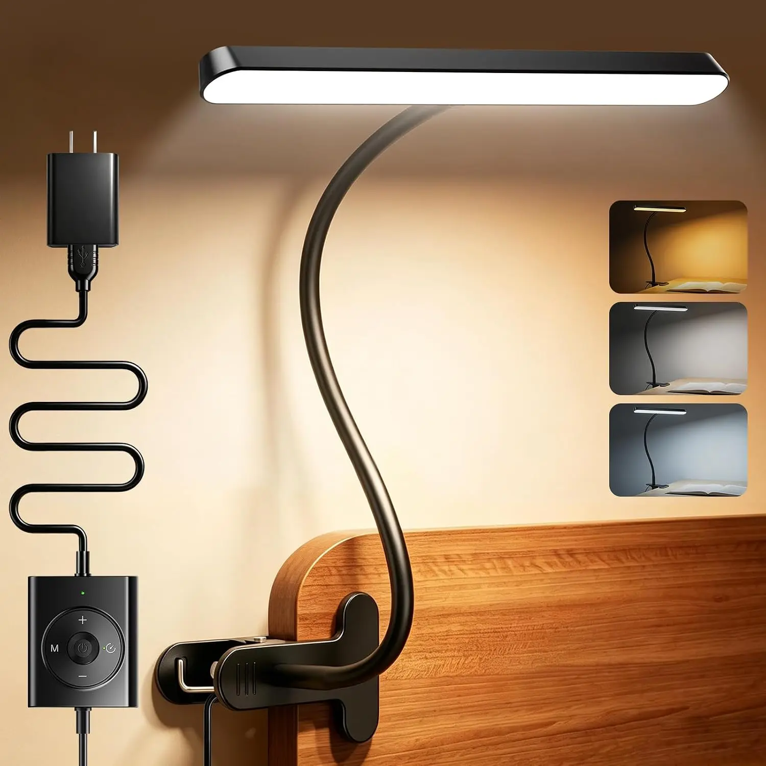 7W Horizontal Clip  Light, 57 LED Eye Caring Reading Light, 5 Brightness & 3 Colors with  Mode for Bedside Reading, 2.75" Clamp & 30Min Timer, USB  Clip  Lamp for Work, Craft