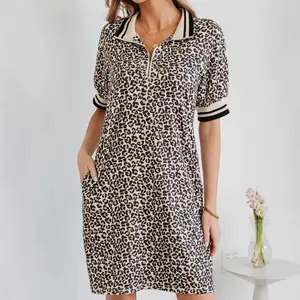 Women's Lady Casual Short-Sleeve Mini Dress, Khaki Leopard Print, Zip Neck, Striped Webbing Patchwork Clothes