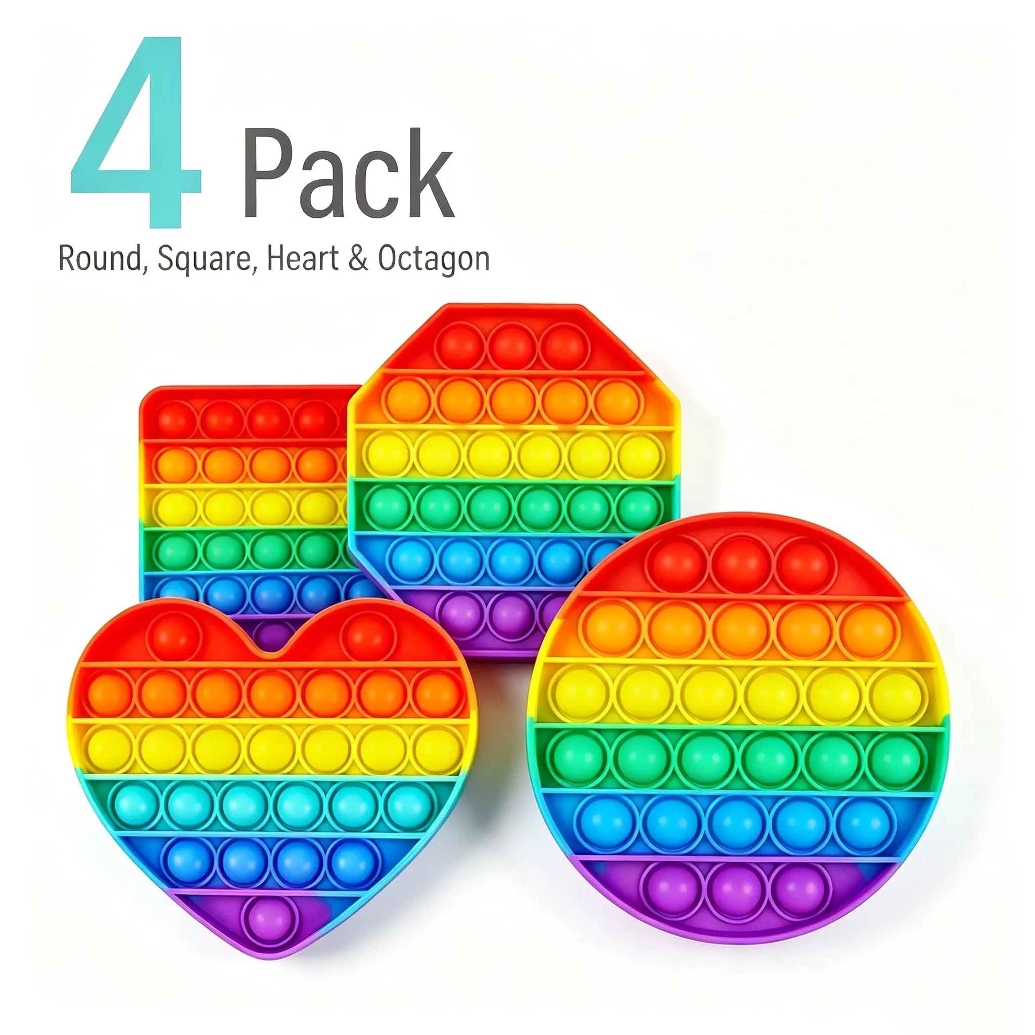 4 Pack Pop Fidget Toy Set, Rainbow Round Square Heart Octagon Push Bubble Sensory Toys, Sensory Fidget Bundle, Stress Relief Toys for Kids Adults, Ideal for Christmas Birthday Gifts, Party Favors, Classroom Prizes