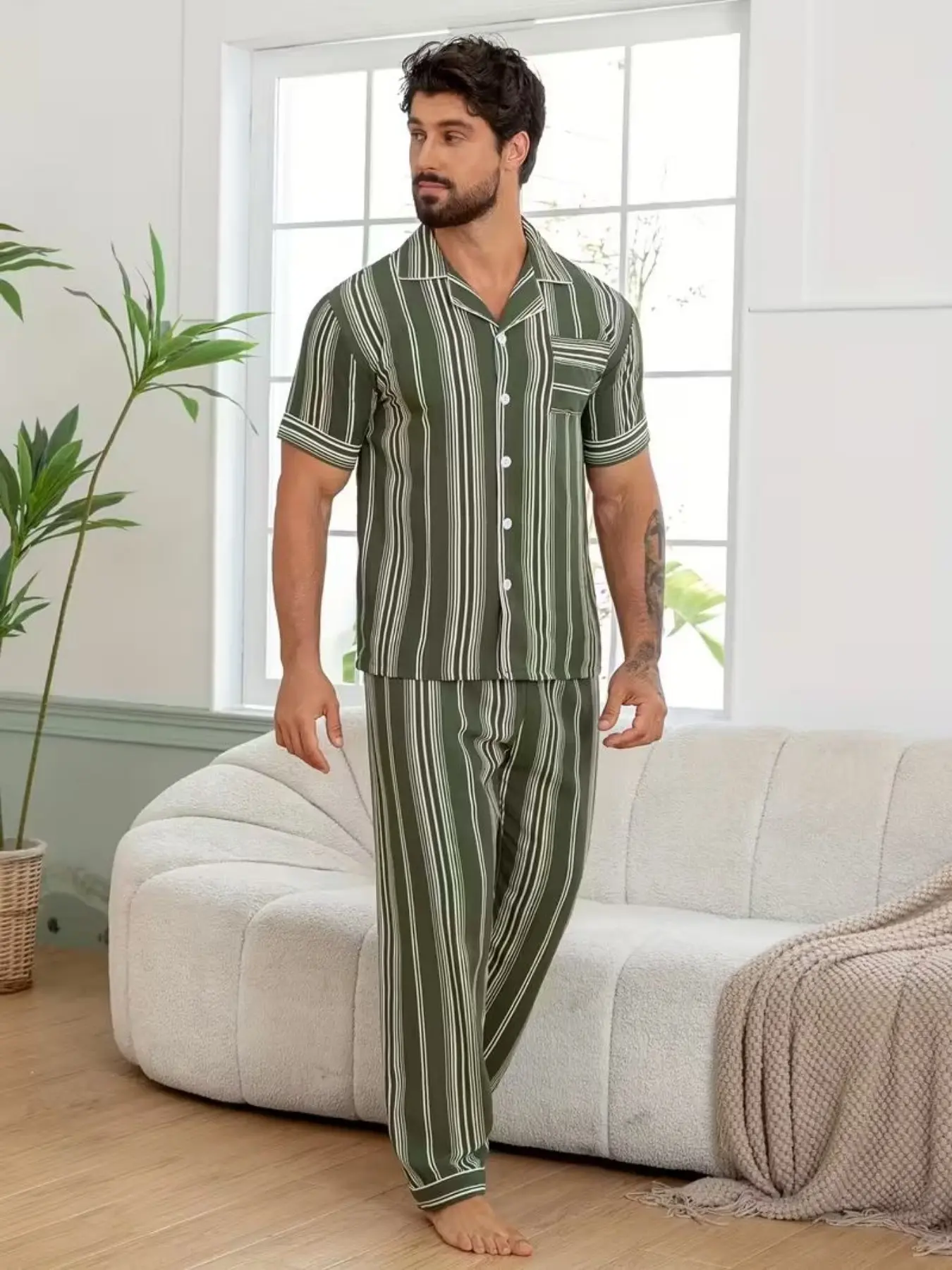 Men's Short Sleeve Open Front Sleepwear Set, Two-Piece Pajama, Comfortable Nightwear for Men, Ideal for Home Relaxation