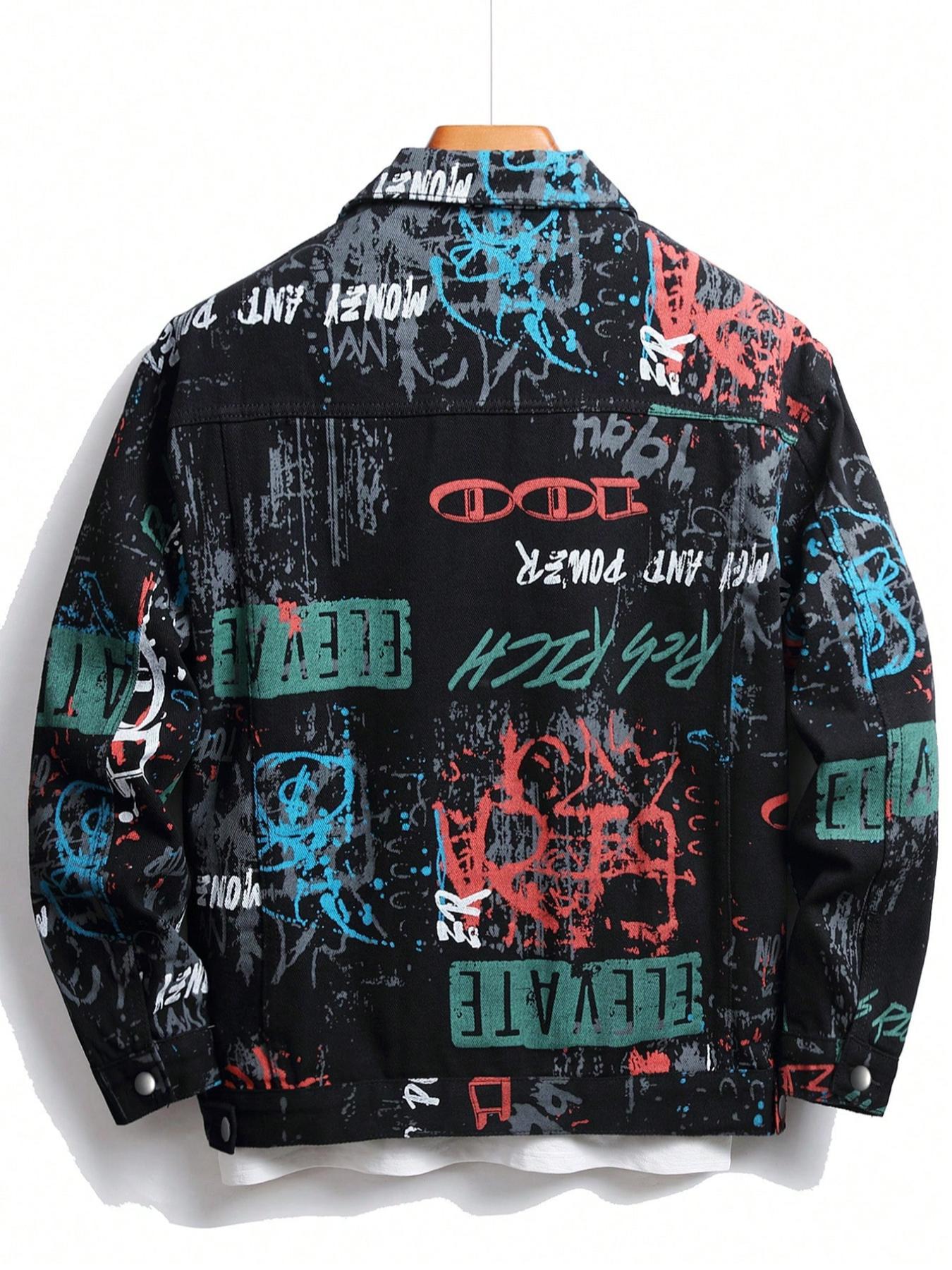 Men's Graffiti Letter Print Denim Jacket, Loose Casual Street Comfy Long Sleeve Casual Style Outerwear for Daily Wear, Casual Pocket Outerwear, Menswear for All Seasons, Coats