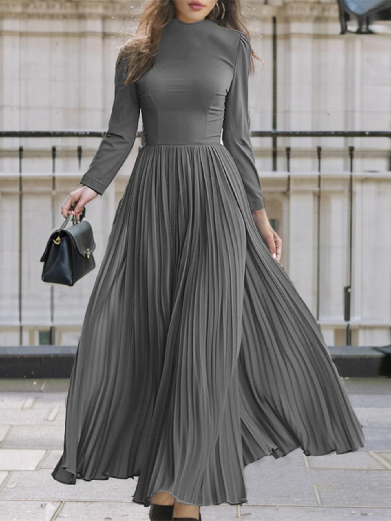 Women's Plain Pleated Zipper Back A Line Dress, Elegant Long Sleeve Round  Neck Dress for Party Holiday Wedding Guest, Ladies Spring & Fall Clothes,  Wedding Guest Gown - TikTok Shop