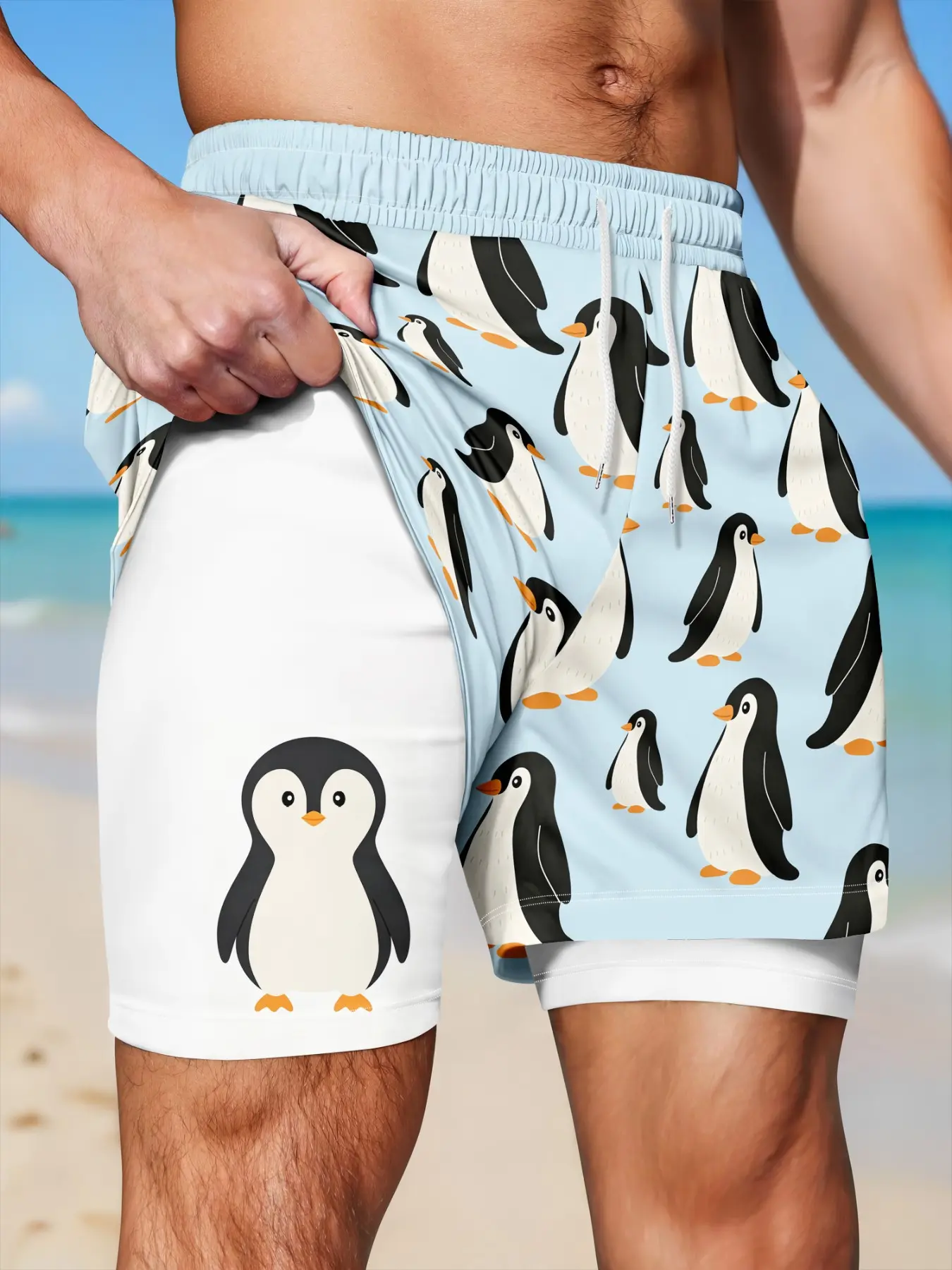 Men's Summer Double-Layer Anti-See-Through Beach Shorts, Cute Penguin Print Swim Trunks, Loose-Fit Casual Beachwear