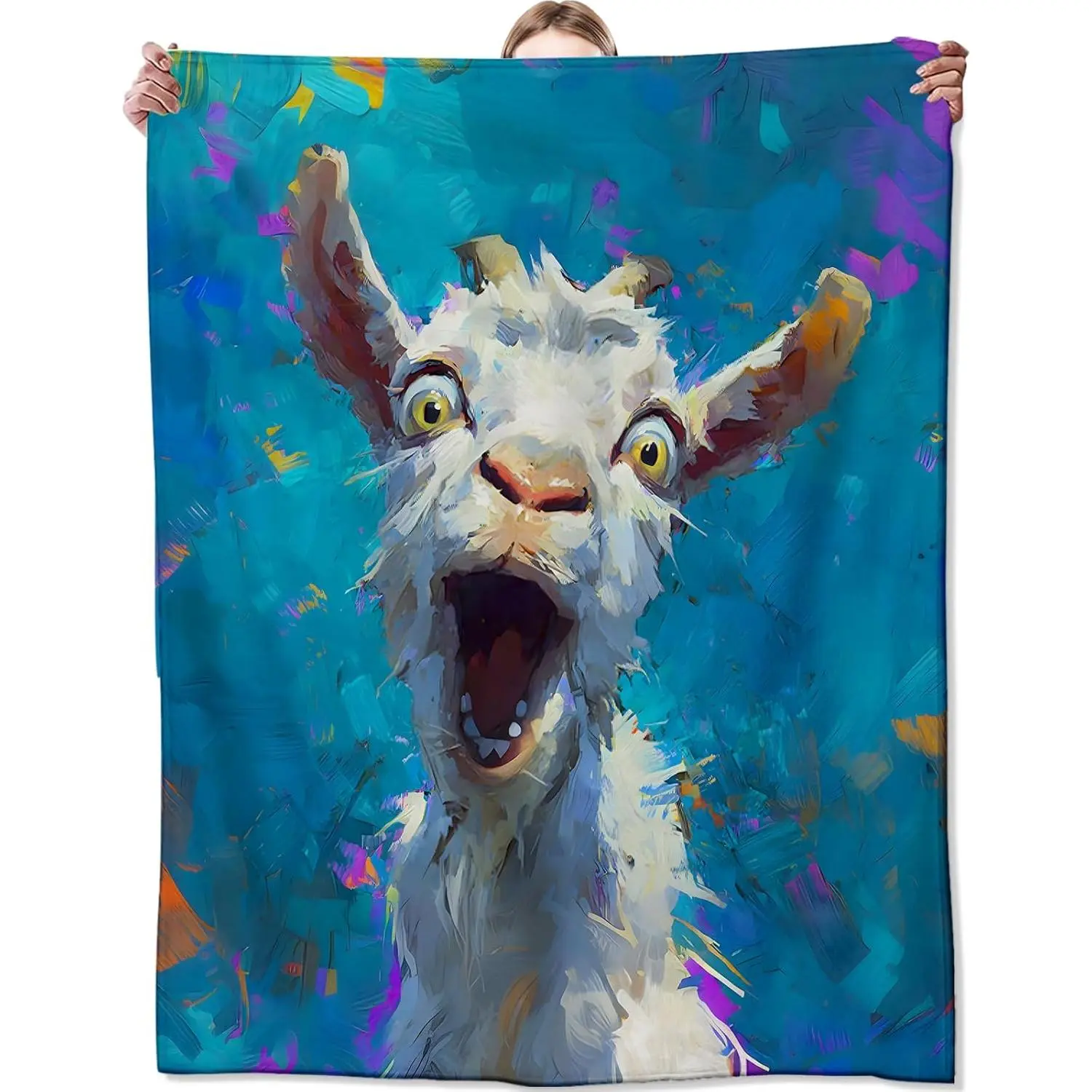 Colorful Goat Flannel Blanket, Soft Cozy Throw with Funny Farm Animal, Lightweight Blankets for All Seasons, Playful Oil Painting Home Sofa Bed Decor and Gifts for Kids Girls Boys