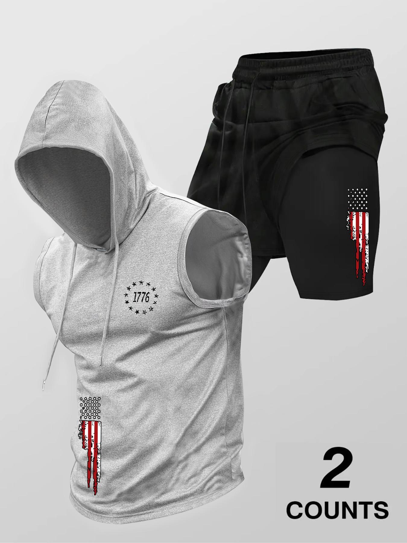 Two-Piece Set Men's Flag Print Hooded Tank Top & Drawstring Waist Shorts, Regular Fit Sleeveless Top & Track Shorts, Casual Summer Clothes Set for Outdoor