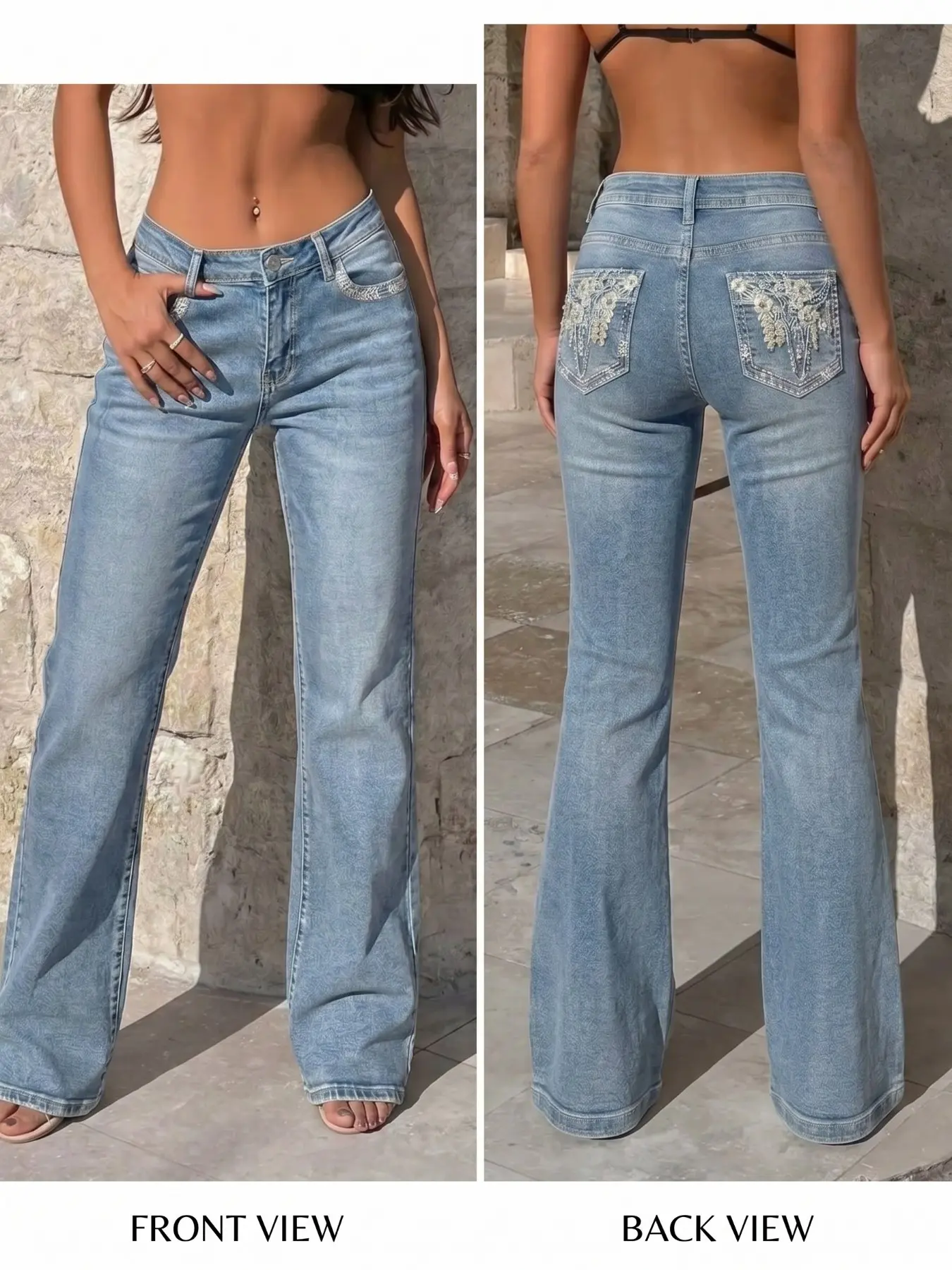 Low Waist Light Color Micro Flare Jeans for Women, Back Pocket Lace Floral Rhinestone Embroidery, Vintage American Style Slim Fit Long Pants