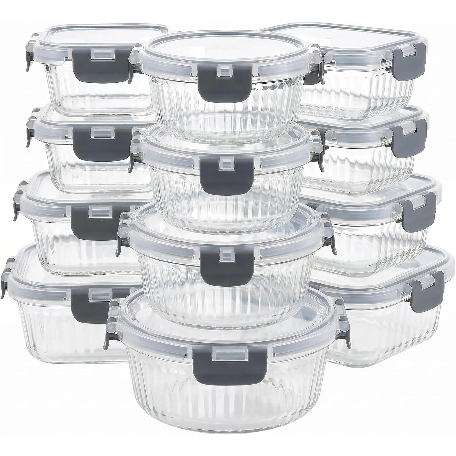 Glass  Storage Containers with , 12 count Glass Meal Prep Containers Set, Airtight Leakproof Snap Lock , , Freezer Microwave Oven Dishwasher Safe, Ribbed Glass Containers
