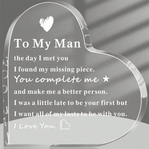 To My Man Gift, 1 Count Letter Pattern Acrylic Heart Shape Keepsake, Birthday Gifts for Boyfriend & Husband, Desktop Ornament for Home & Office, Acrylic Desktop Plaque
