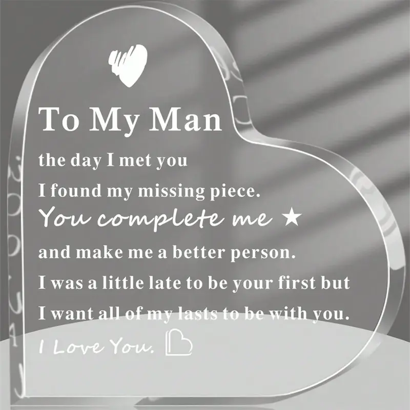 To My Man Gift, 1 Count Letter Pattern Acrylic Heart Shape Keepsake, Birthday Gifts for Boyfriend & Husband, Desktop Ornament for Home & Office, Acrylic Desktop Plaque