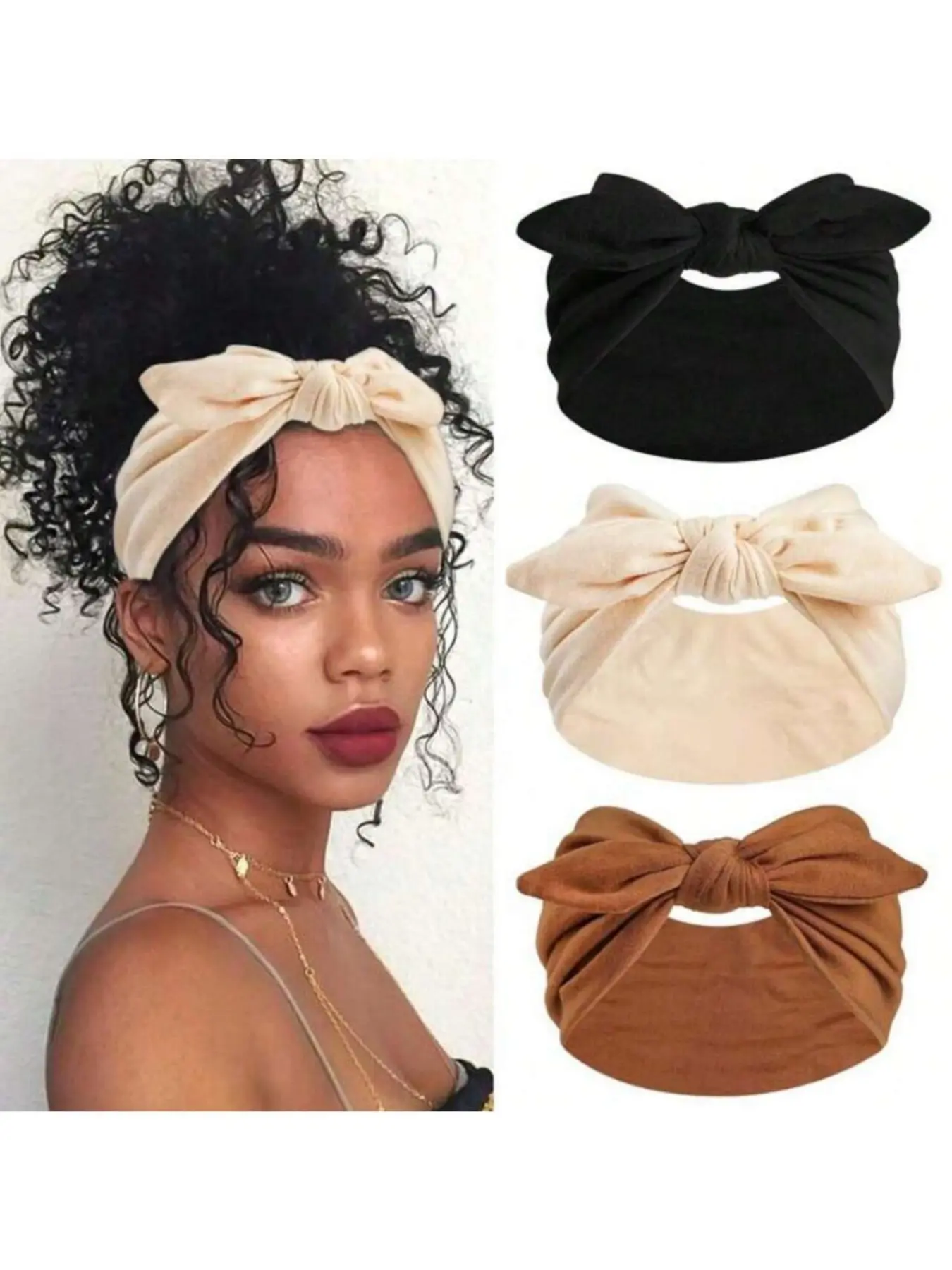 3pcs Women Bow Rabbit Ear Headbands, Boho Style Extra Wide Cute Rabbit Ear Knotted Headbands, Halloween Headpiece, Fall, Women Headwrap, Elastic Solid Bow Hair Accessories, Suitable For Fitness/Yoga/Sports/Outdoor, Solid Color Casual Headbands, All