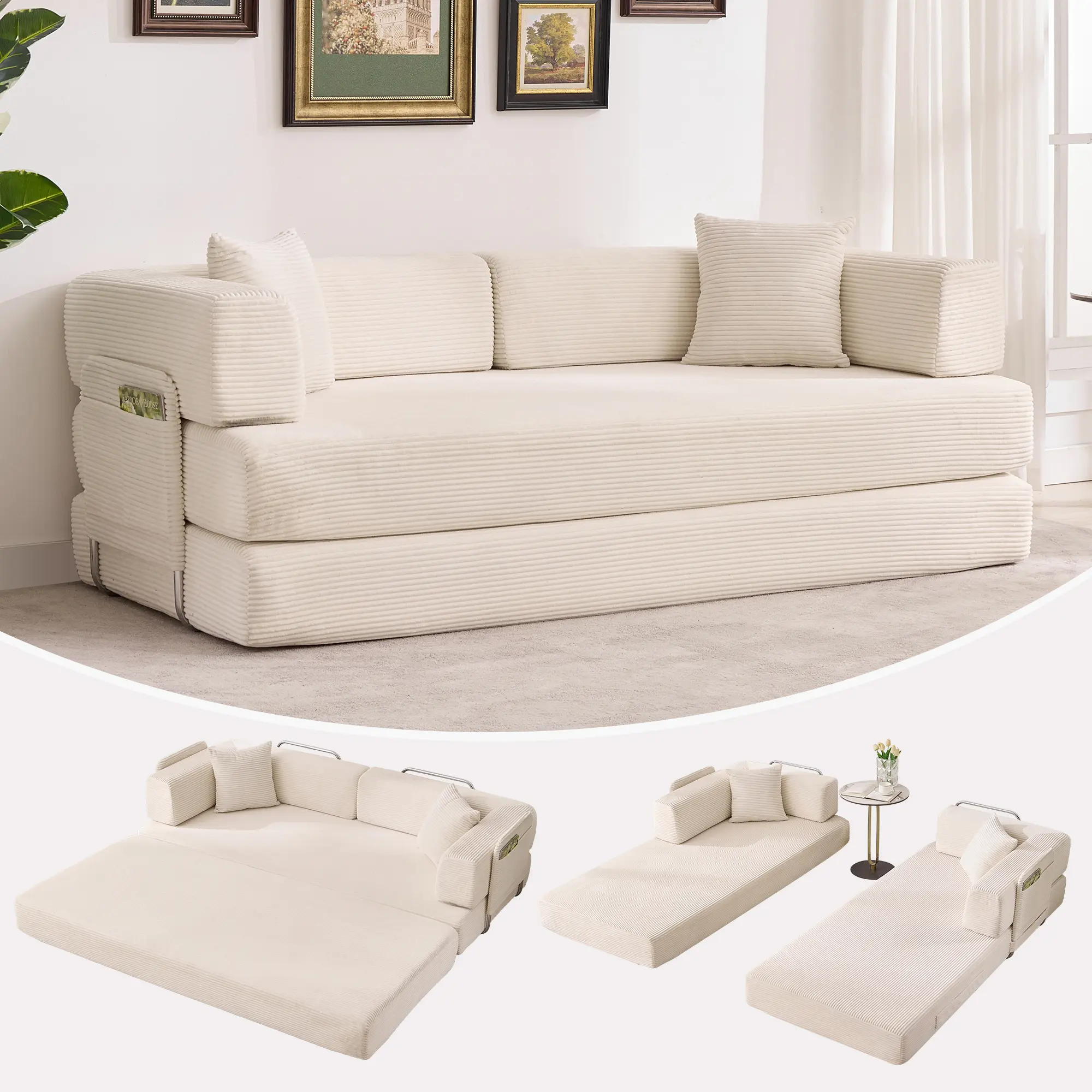 Convertible Corduroy Sofa Bed 78.8" - 5-in-1 Modular Folding Sleeper Loveseat with Adjustable Armrest & Backrest, High-Density Foam, No Assembly Floor Couch with Pillows for Living Room, Bedroom, Studio, Orange