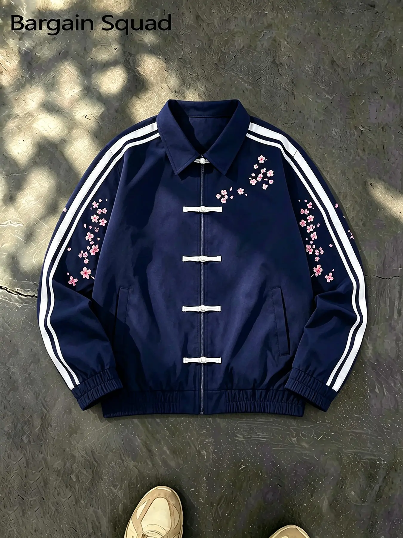 Men's Eastern Style Coach Jacket, Cherry Blossom Floral Embroidery, Frog Button Striped Long Sleeve, Casual Streetwear Outerwear