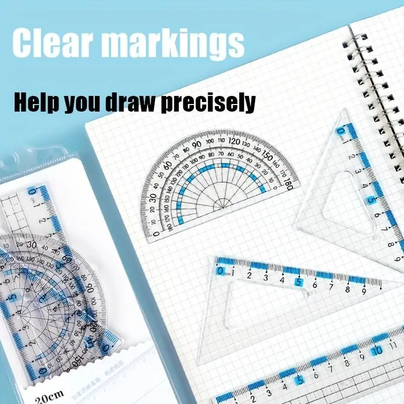 15/20cm Thick Durable Anti- Ruler Set, Multiple Sizes, Transparent Material, Includes Triangle Ruler, Right Angle Ruler, Protractor, Wave Ruler, Clear Ruler