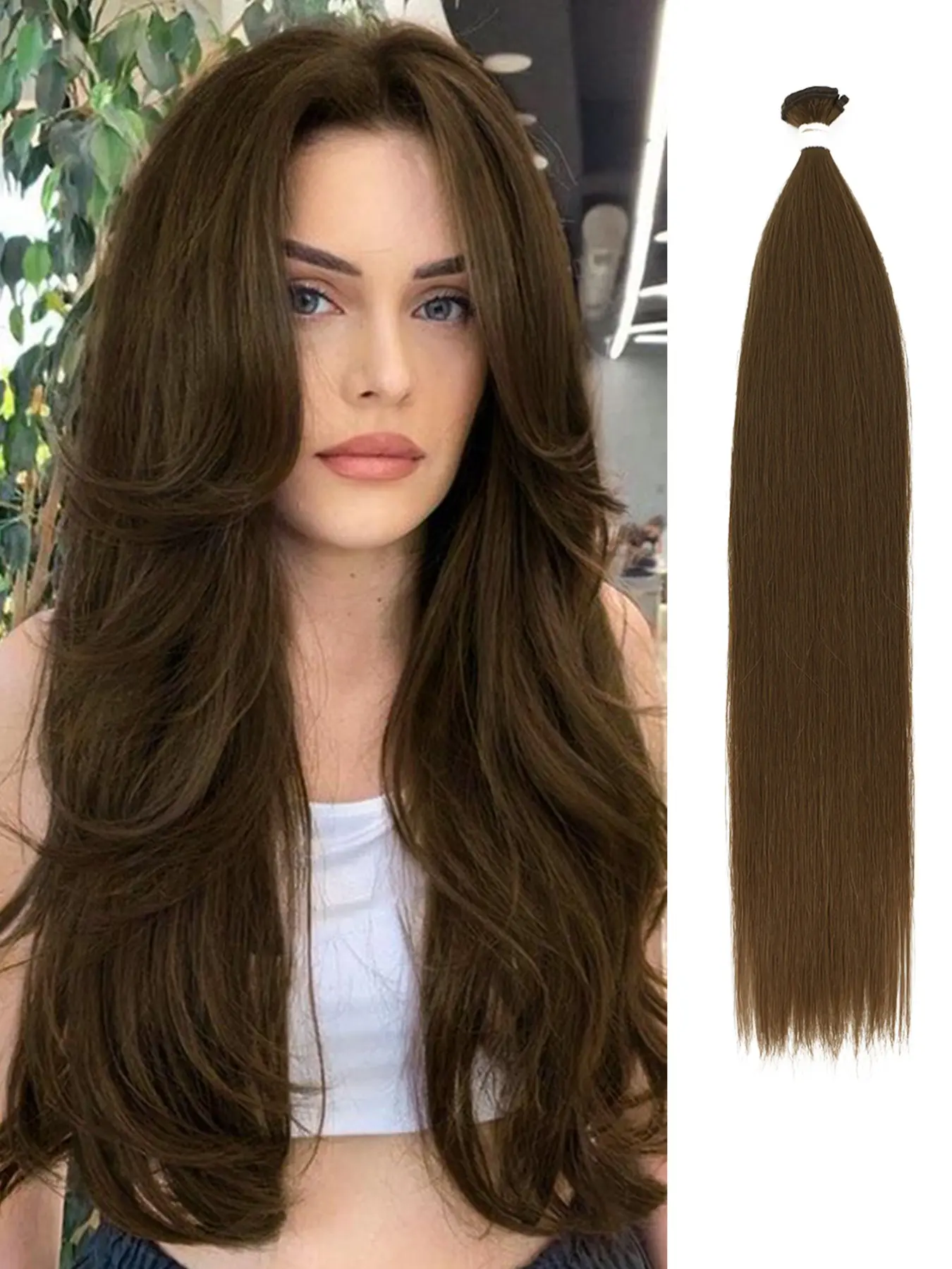 1 pcs 100 g 24" Synthetic High-Temperature Straight Extension Hair Bundle, Natural looking Chocolate Brown Color and soft touch Bundle Hair for Women Used Daily , Holidays, Parties，Halloween,Christmas Gifts
