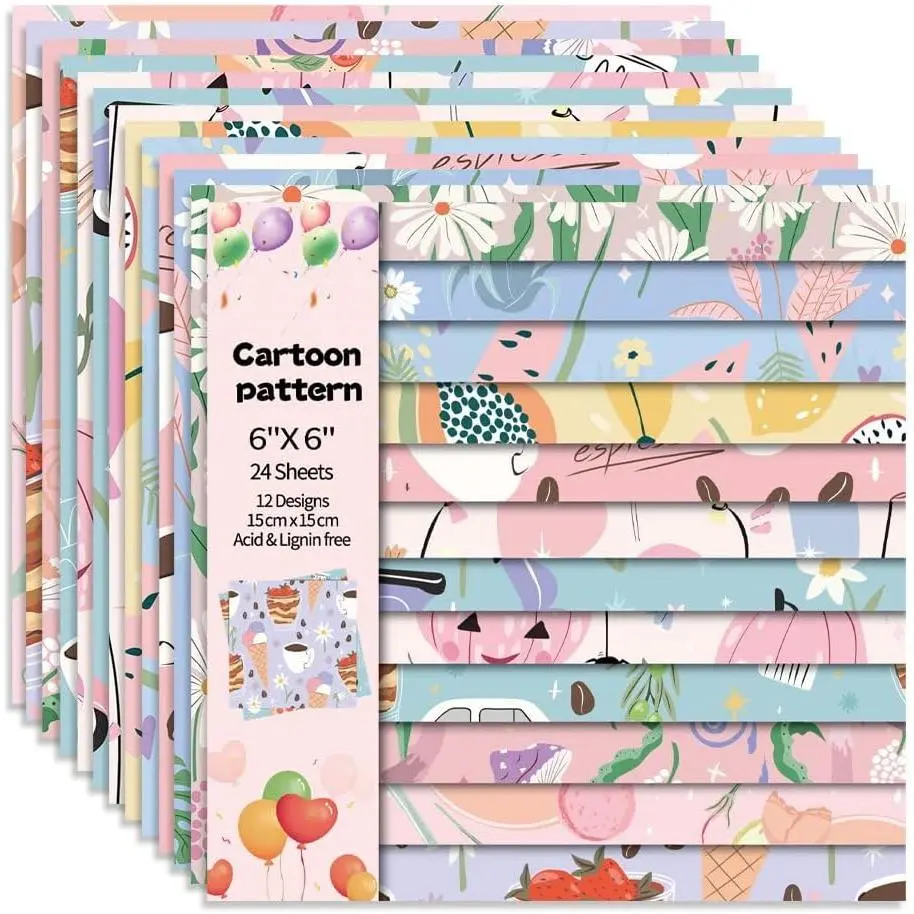 6x6" Cardstock Single Sided Scrapbooking,Craft Decoupage Scrap Book Paper | 160gsm,24-Sheet 12Patterns Colored Paper,Junk Journal Supplies, Origami Papers DIY Craft  Wrapping Album.Cartoon