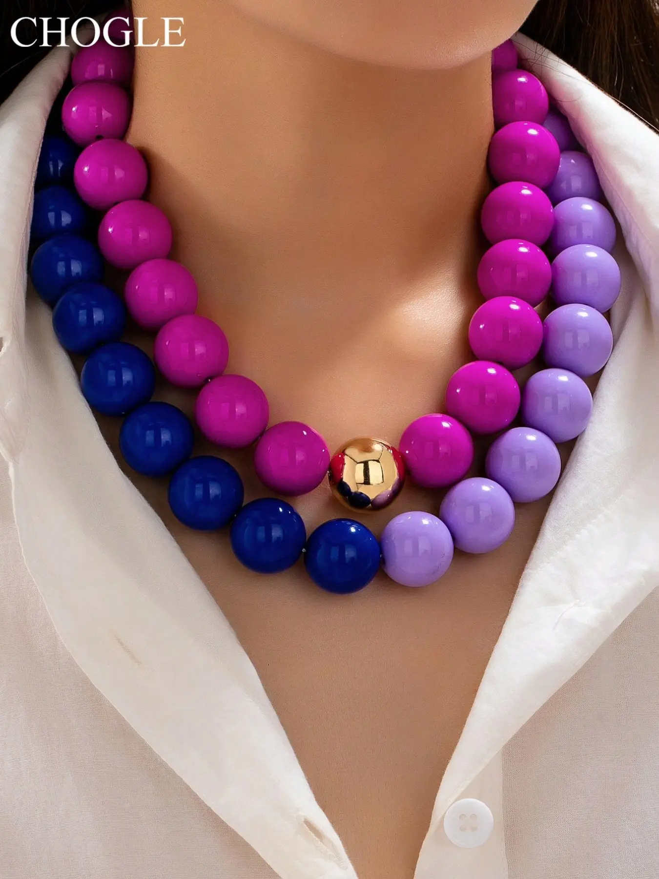 2 Pcs Chunky Round Acrylic Beaded Necklace for Women, Vibrant Color Multicolored Ball Bead Statement Choker Necklace for Women