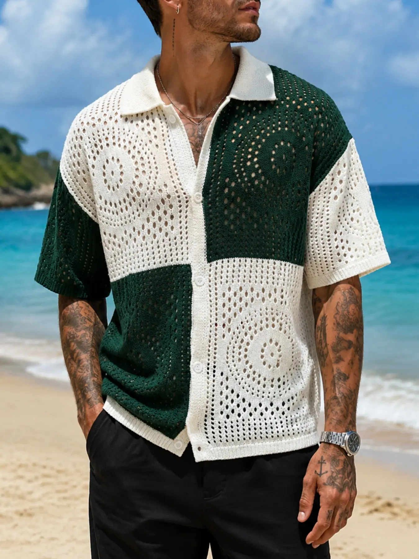 Men's Polo Neck Colorblock Casual Knit Cardigan, Loose-Fitting Argyle Pattern, Unlined All Seasons Top, Comfortable and Stylish
