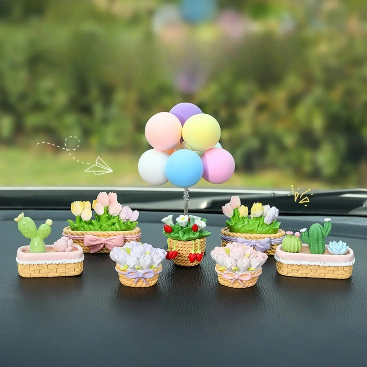 Cute Strawberry Car Dashboard Decor, Tulip & Succulent Mini Figurine Ornament, Kawaii Car Accessories for Women, Aesthetic Car Interior Decoration for Daily Driving & Road Trips