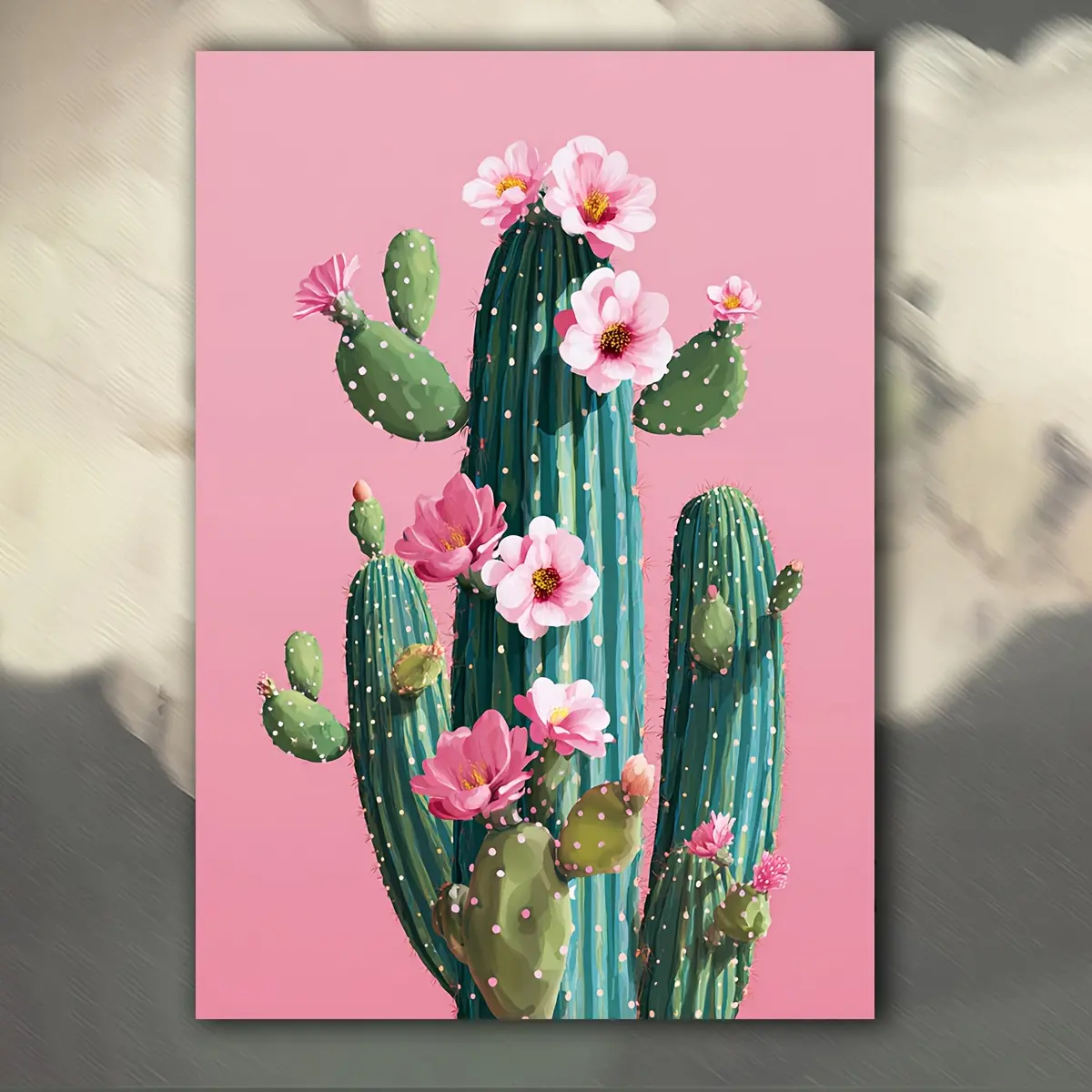 1 piece of desert cactus art poster - 12x16inch framed canvas wall decor, stylish pink bohemian style cactus and succulent plant pattern, wooden frame, a top choice for home or office decoration, desert-themed decor