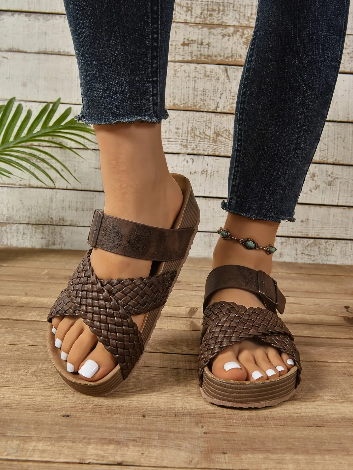 Vintage Braided Cross Strap Thick Sole Slippers, Multiple Colors Available, Daily/beach Versatile Summer Sandals, PU Leather Upper, Solid Pattern, Beach Footwear