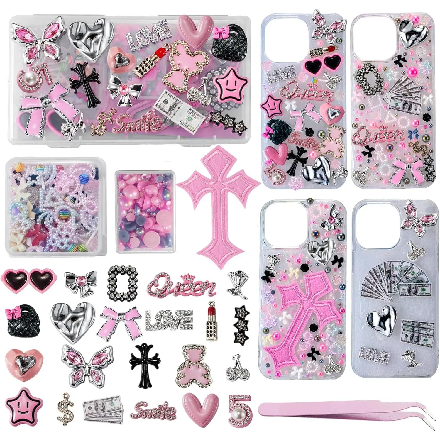 Junk Case Charms Kit, Junk Phone Case with Big Charms, Nail Bow Pearl Flatback Resin Charm  DIY Crafts
