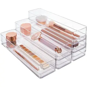 SimpleSort 6-Piece Stackable Clear Drawer Organizer Set | 12" x 3" x 2" Rectangle Trays | Narrow Makeup Vanity Storage Bins and Office Desk Drawer Dividers | Made in USA