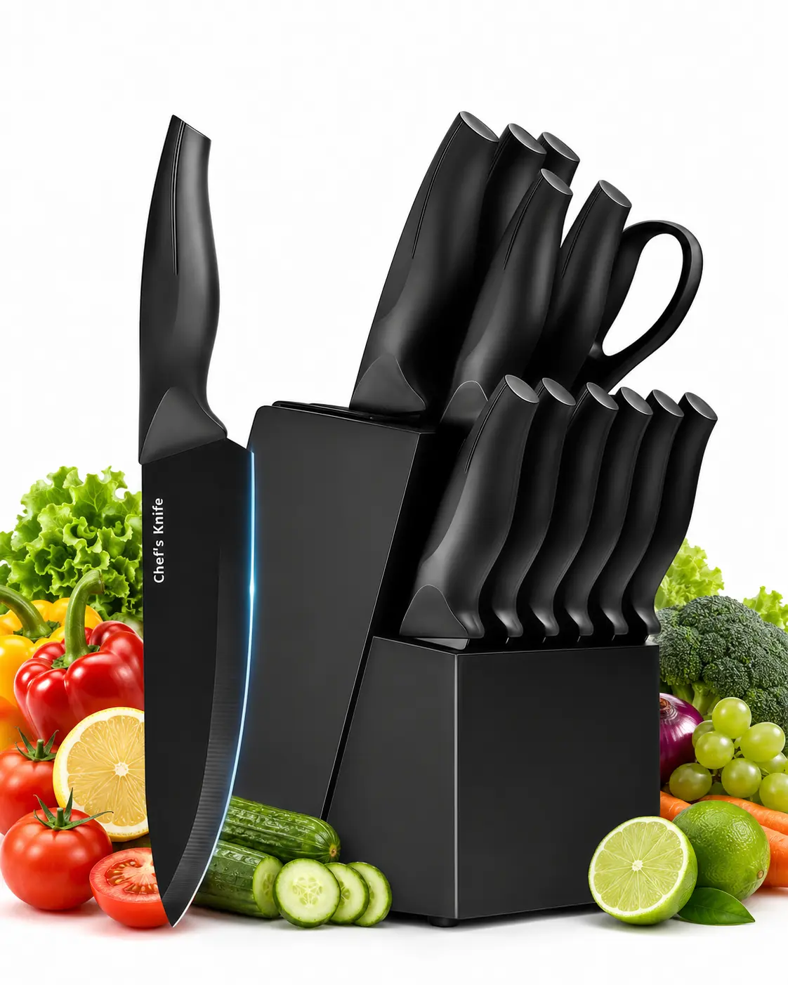 Stainless Steel Kitchen Knife Set with Block and Sharpening Feature, Available in Multiple Piece Counts and Colors, Ergonomic Anti-Slip ABS Handles, Dishwasher Safe