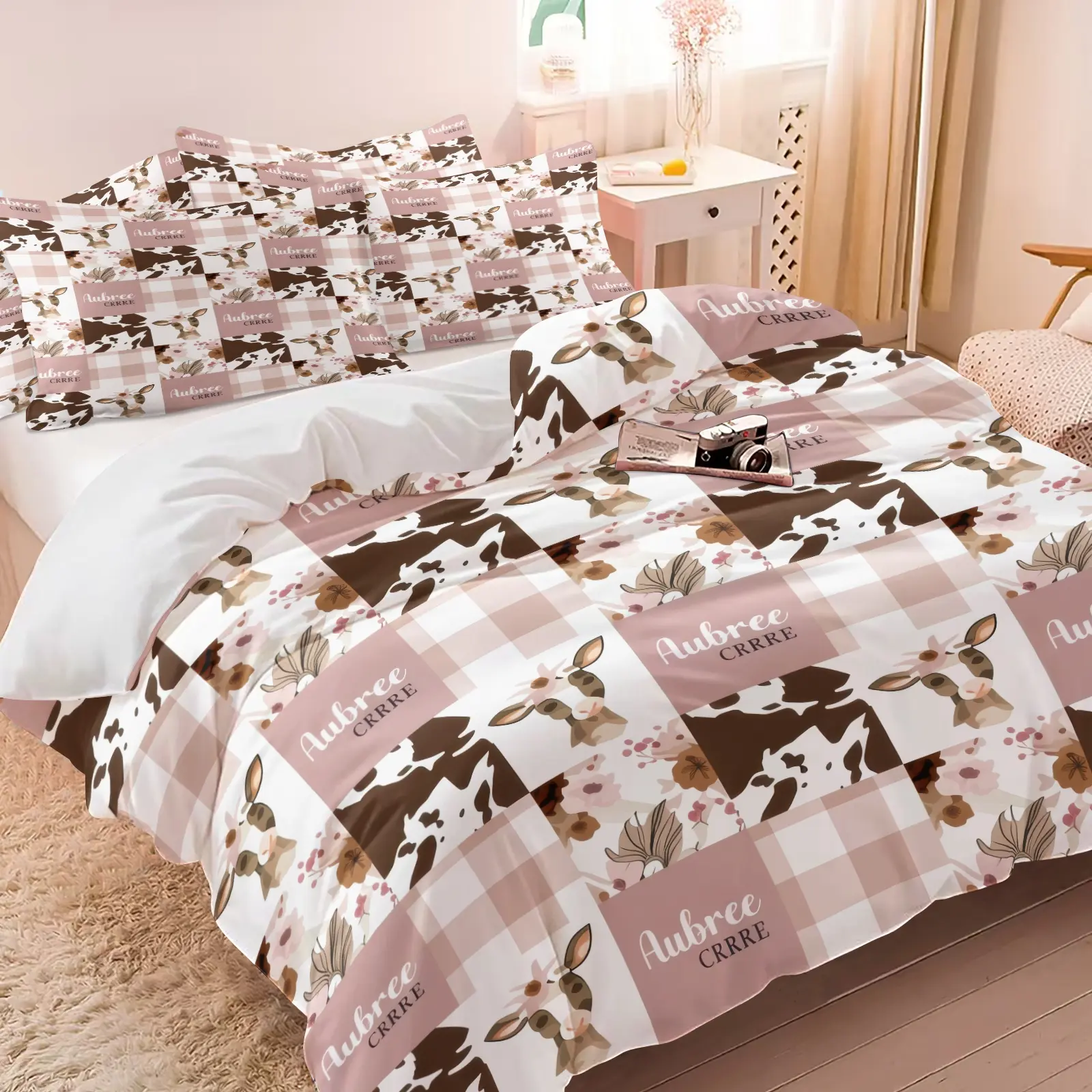Custom Name Cowgirl Print Duvet Cover Set, Includes 1 or 2 Pillowcases, Pink Plaid Floral Farm Bedding All Size, Personalized Bull Cow Girls Bed Set, Breathable Soft Fabric, Cottagecore Custom Dorm Decor, Girls Custom Gift