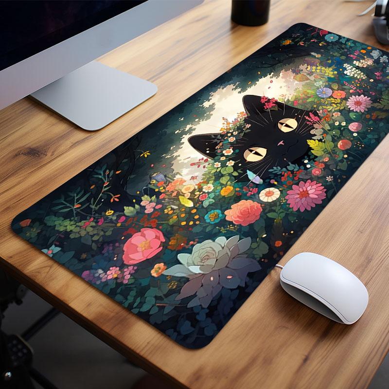 Flower & Black Cat Pattern Mouse Pad, 1 Piece Modern Fashion Mouse Pad, Extended Aesthetic Keyboard Mouse Pad, Desk Mouse Pad for Home Office School, Office Stationery & Supplies