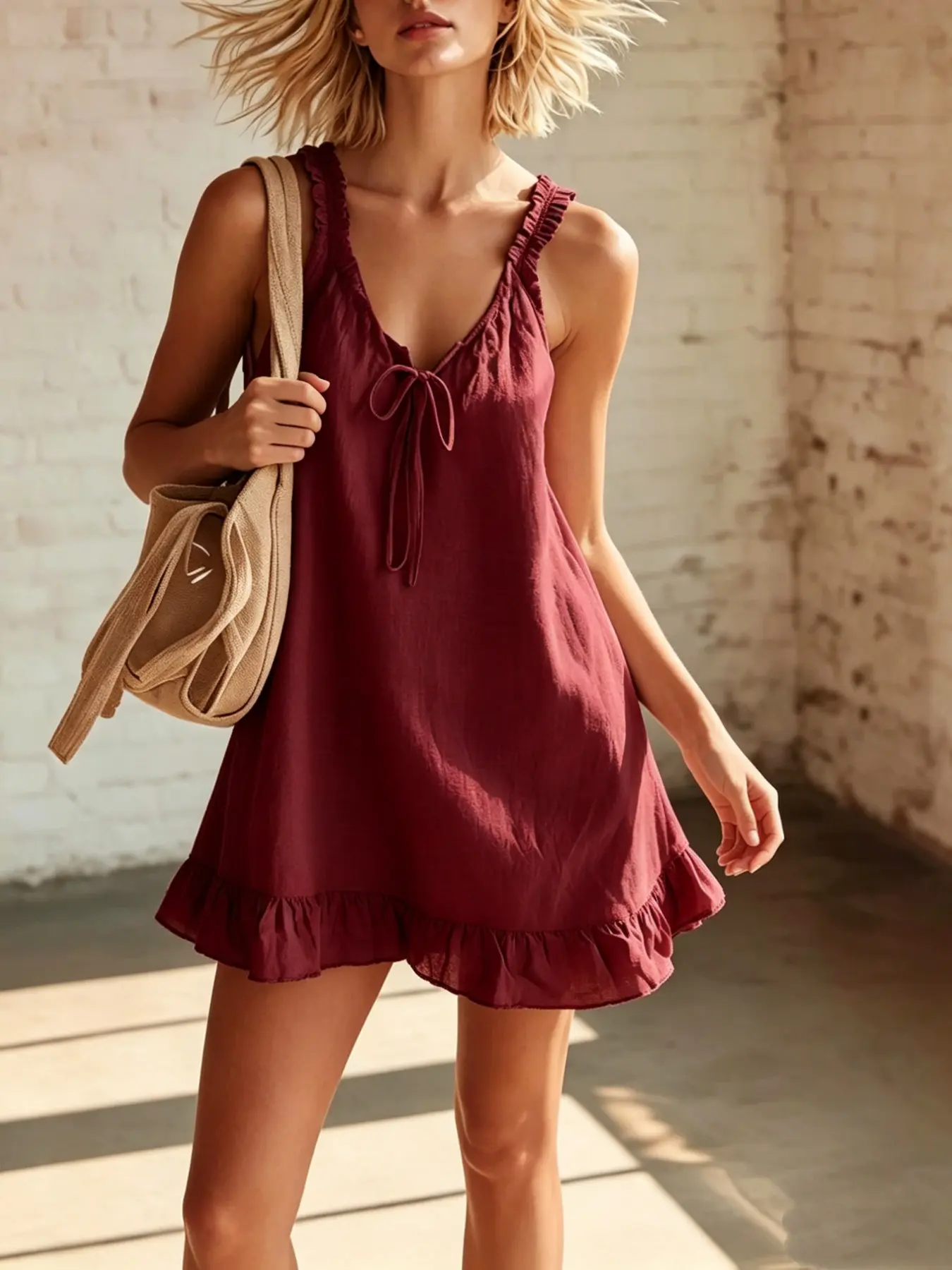 Women's Casual Style Summer Beach Dress, New Arrival Strapless Wood Ear Design, Lightweight Fabric, Perfect for Spring & Summer, Comfortable Daily Wear