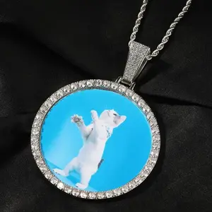 [ICE HUE] 18K Gold Vacuum Plated Copper Round Custom Photo Locket Necklace with 5A+ Sri Lanka Zircon, Chain, DIY Memory, Miami-Inspired Design, Versatile Men's Luxury Costume Jewelry, Celebrate Life Gift Idea