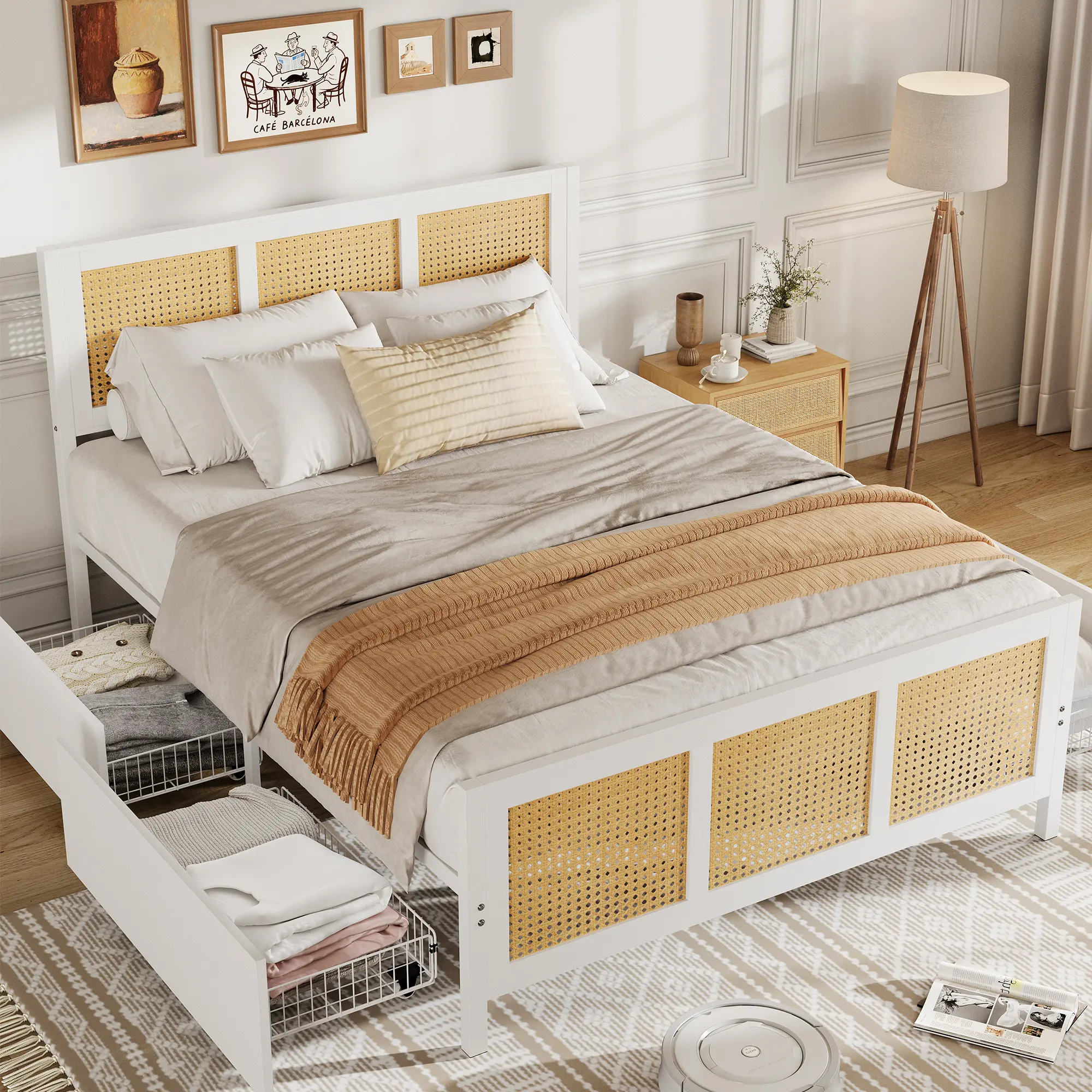 Boho Rattan King Bed Frame with LED Cane Headboard & 4 Storage Drawers, Metal Slats, No Box Spring, Easy Assembly, Black/White，