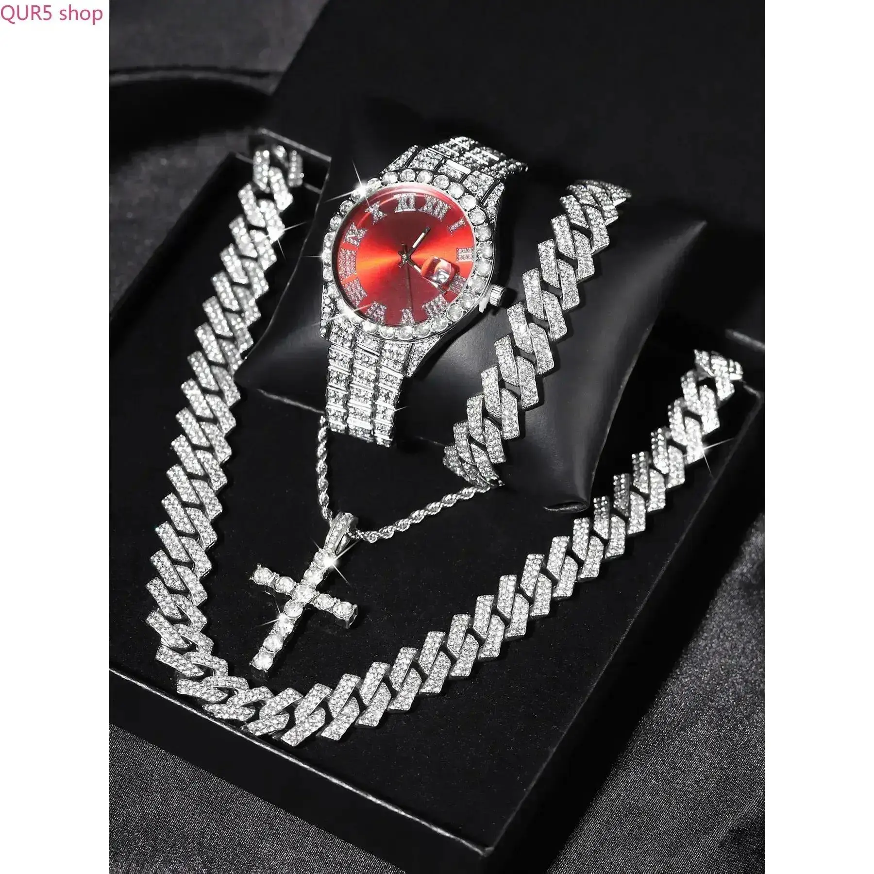 Unisex 3-Piece Punk Jewelry & Watch Gift Set - Analog Quartz Watch, Rhinestone Cross Motif Necklace, Synthetic Gothic Ornaments, Gift Box-Included Accessory Pack for Daily Wear & Holidays